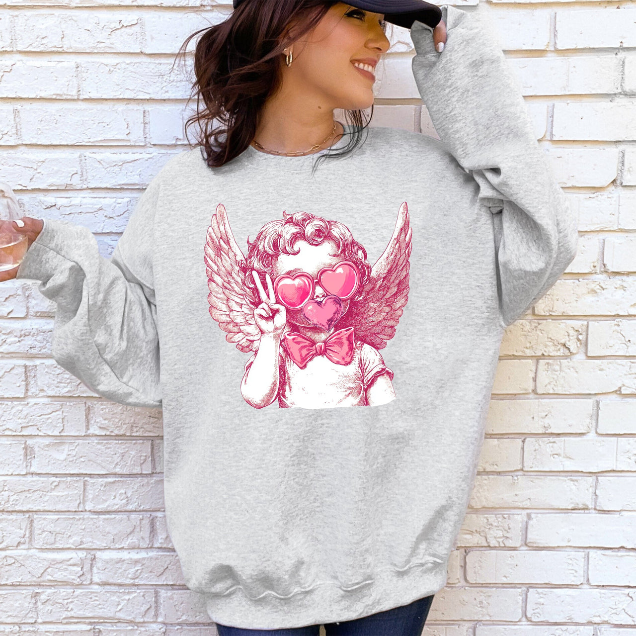 Cupid Peace Sunglasses Wings Valentine's Day Love Illustrated Graphic Sweatshirt