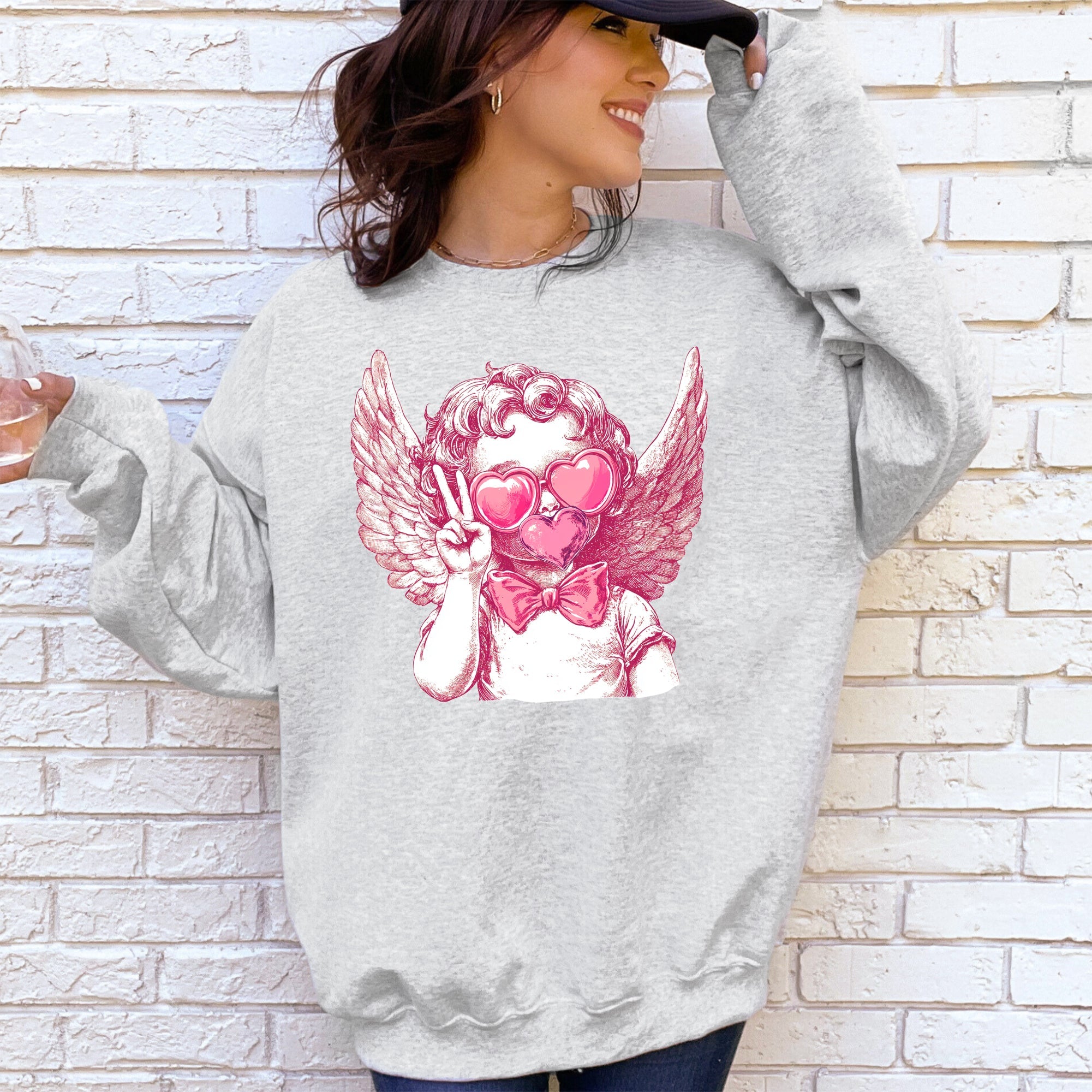 Cupid Peace Sunglasses Wings Valentine's Day Love Illustrated Graphic Sweatshirt