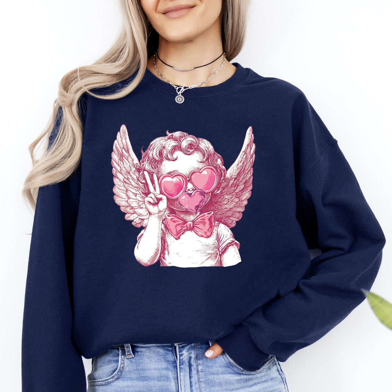 Cupid Peace Sunglasses Wings Valentine's Day Love Illustrated Graphic Sweatshirt