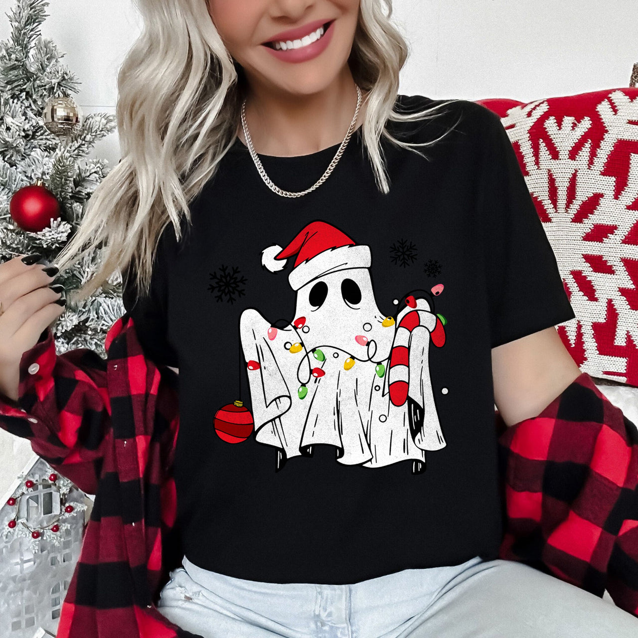 Cute Ghost Christmas Cozy Holiday Season Festive Nighttime Spooky Fun Soft Comfy Everyday Wear Graphic Tee