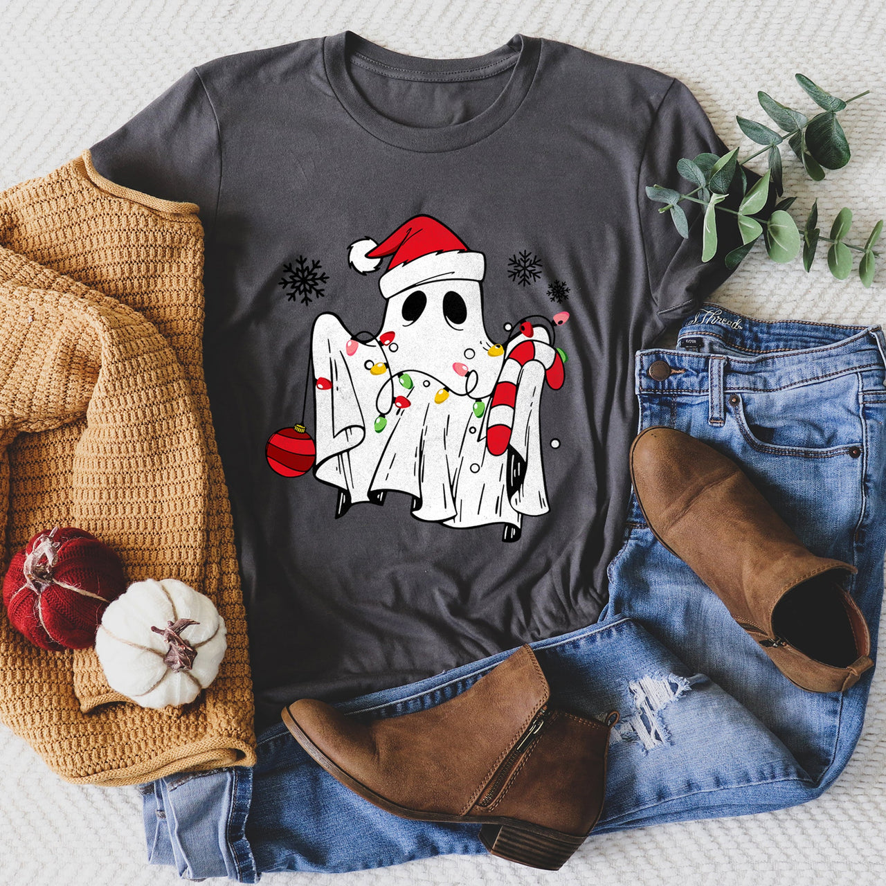 Cute Ghost Christmas Cozy Holiday Season Festive Nighttime Spooky Fun Soft Comfy Everyday Wear Graphic Tee