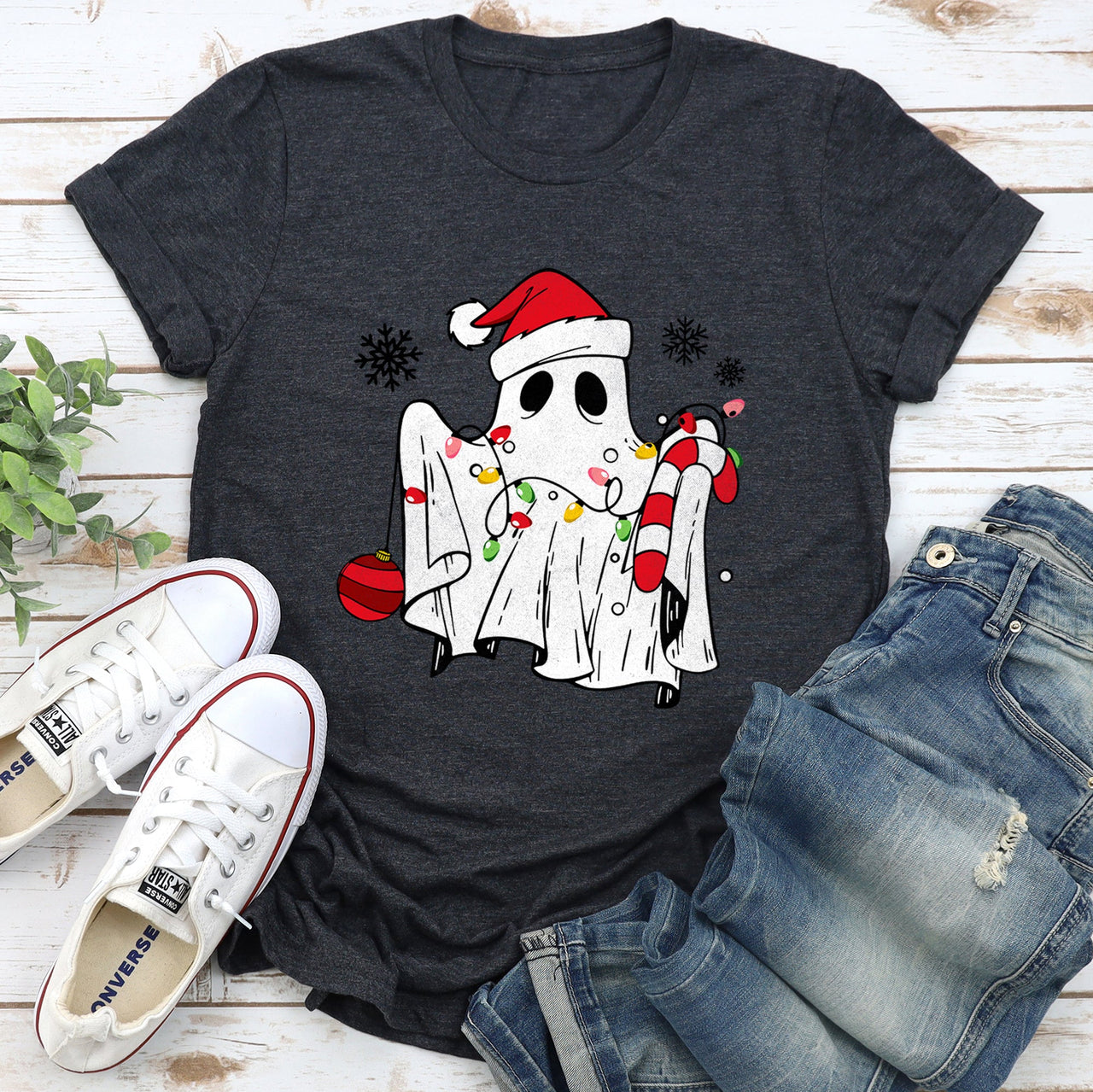 Cute Ghost Christmas Cozy Holiday Season Festive Nighttime Spooky Fun Soft Comfy Everyday Wear Graphic Tee