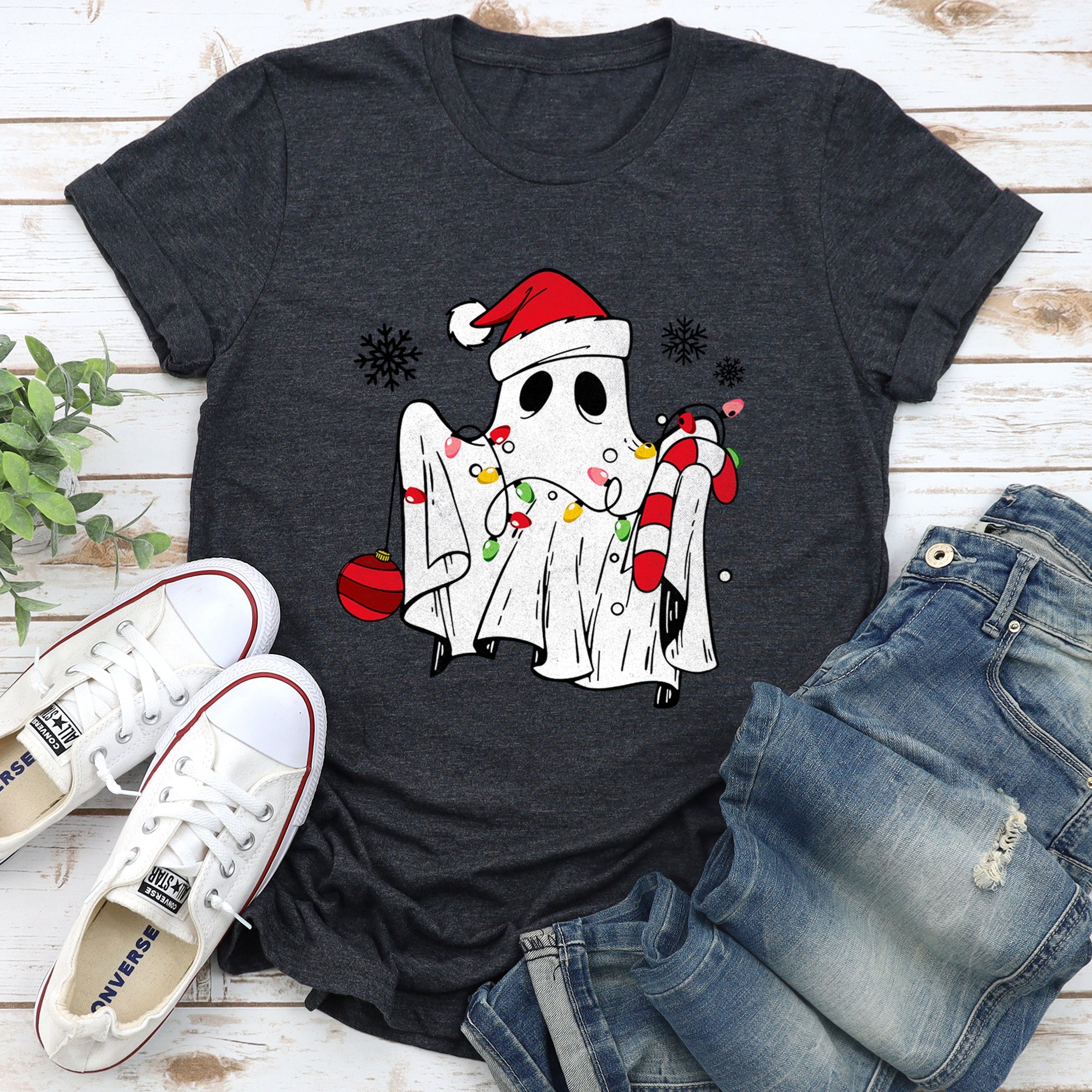 Cute Ghost Christmas Cozy Holiday Season Festive Nighttime Spooky Fun Soft Comfy Everyday Wear Graphic Tee