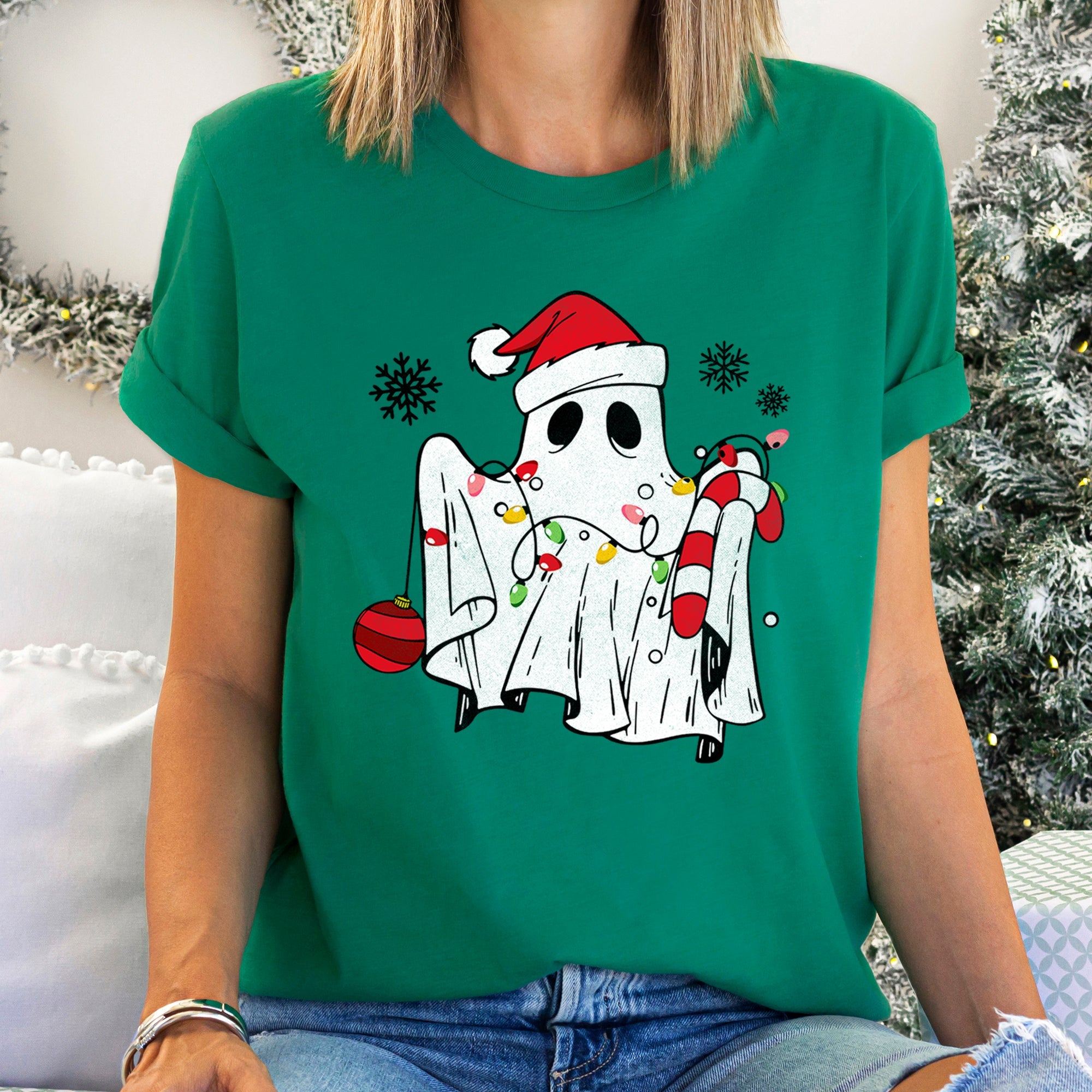 Cute Ghost Christmas Cozy Holiday Season Festive Nighttime Spooky Fun Soft Comfy Everyday Wear Graphic Tee