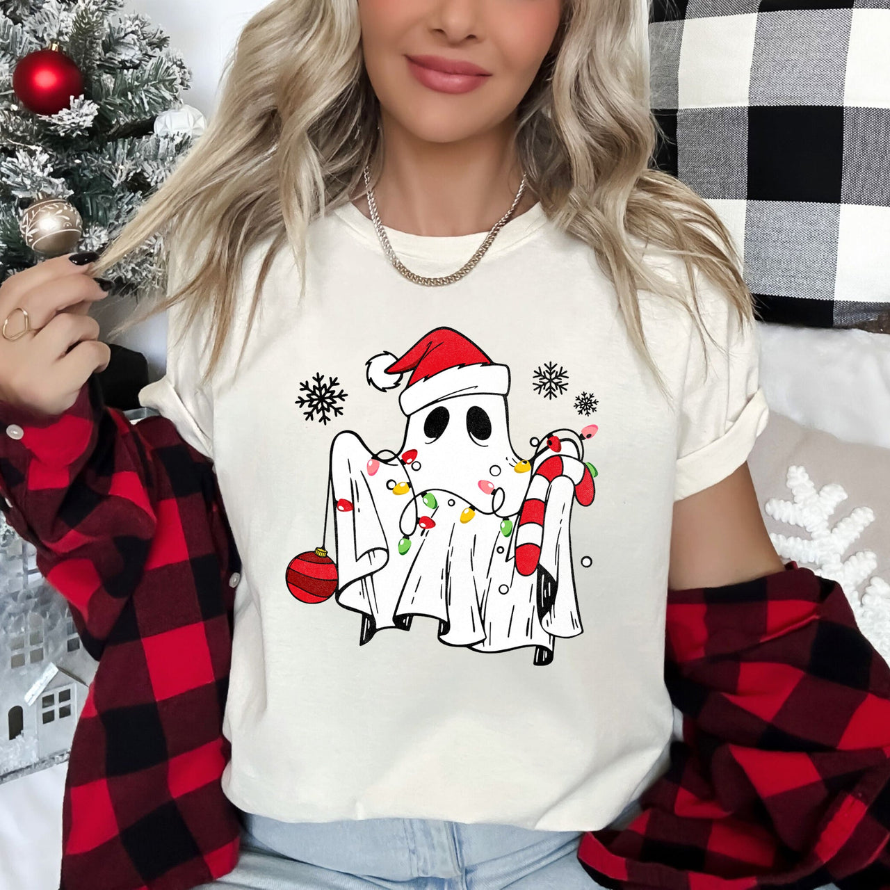 Cute Ghost Christmas Cozy Holiday Season Festive Nighttime Spooky Fun Soft Comfy Everyday Wear Graphic Tee