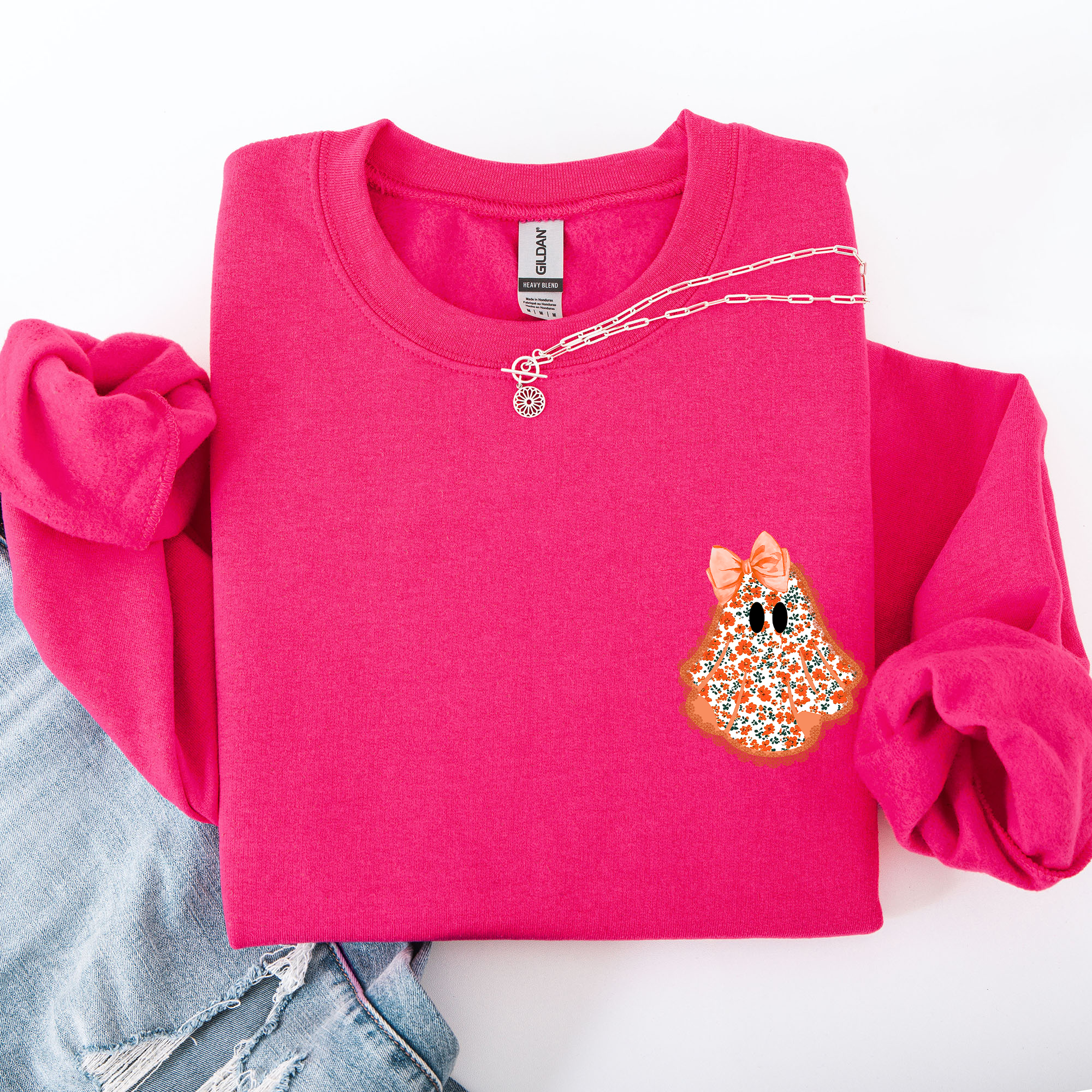 Cute Coquette Faux Lace Ghost Halloween Inspired Vintage Charm Graphic Boho Cozy Pocket Sweatshirt