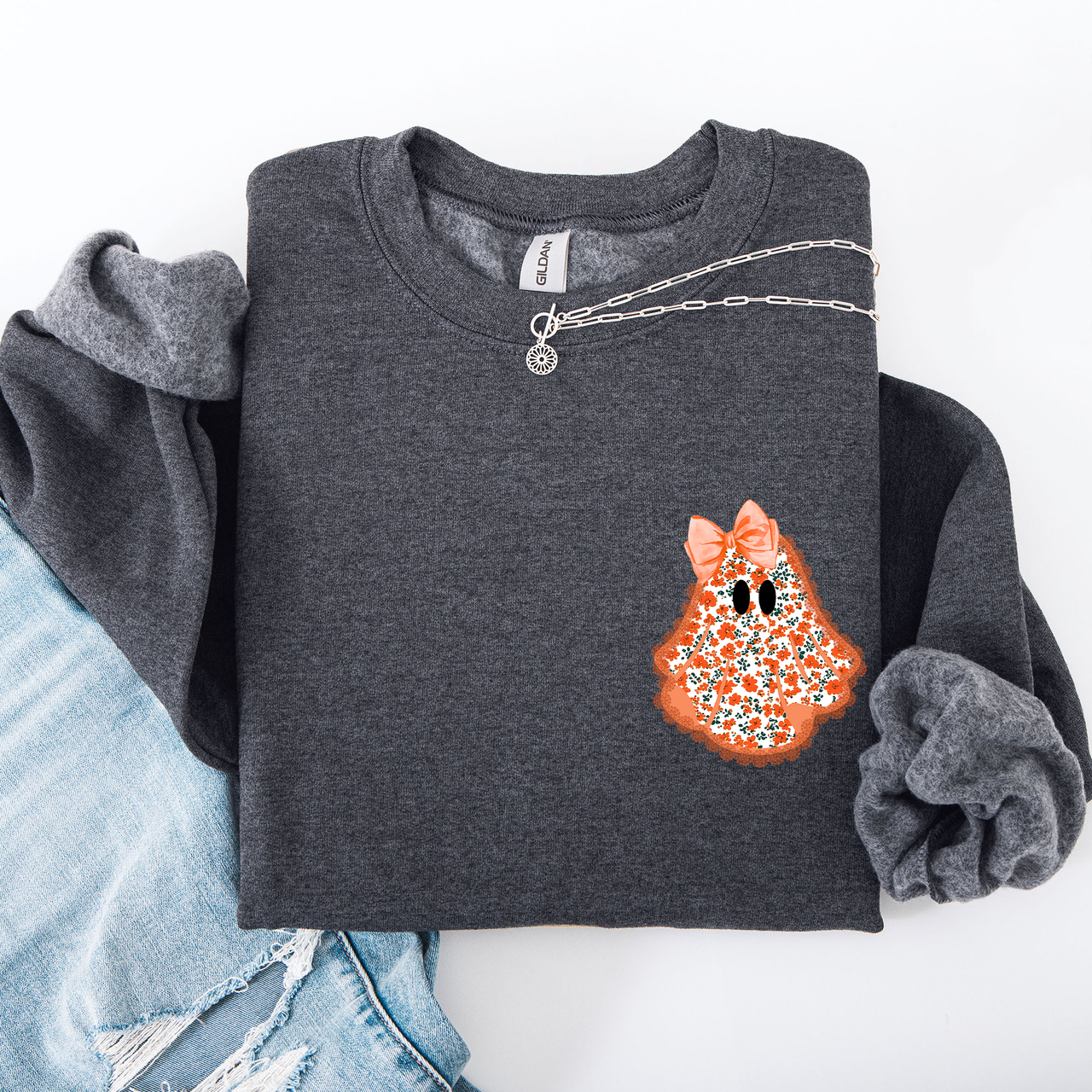 Cute Coquette Faux Lace Ghost Halloween Inspired Vintage Charm Graphic Boho Cozy Pocket Sweatshirt
