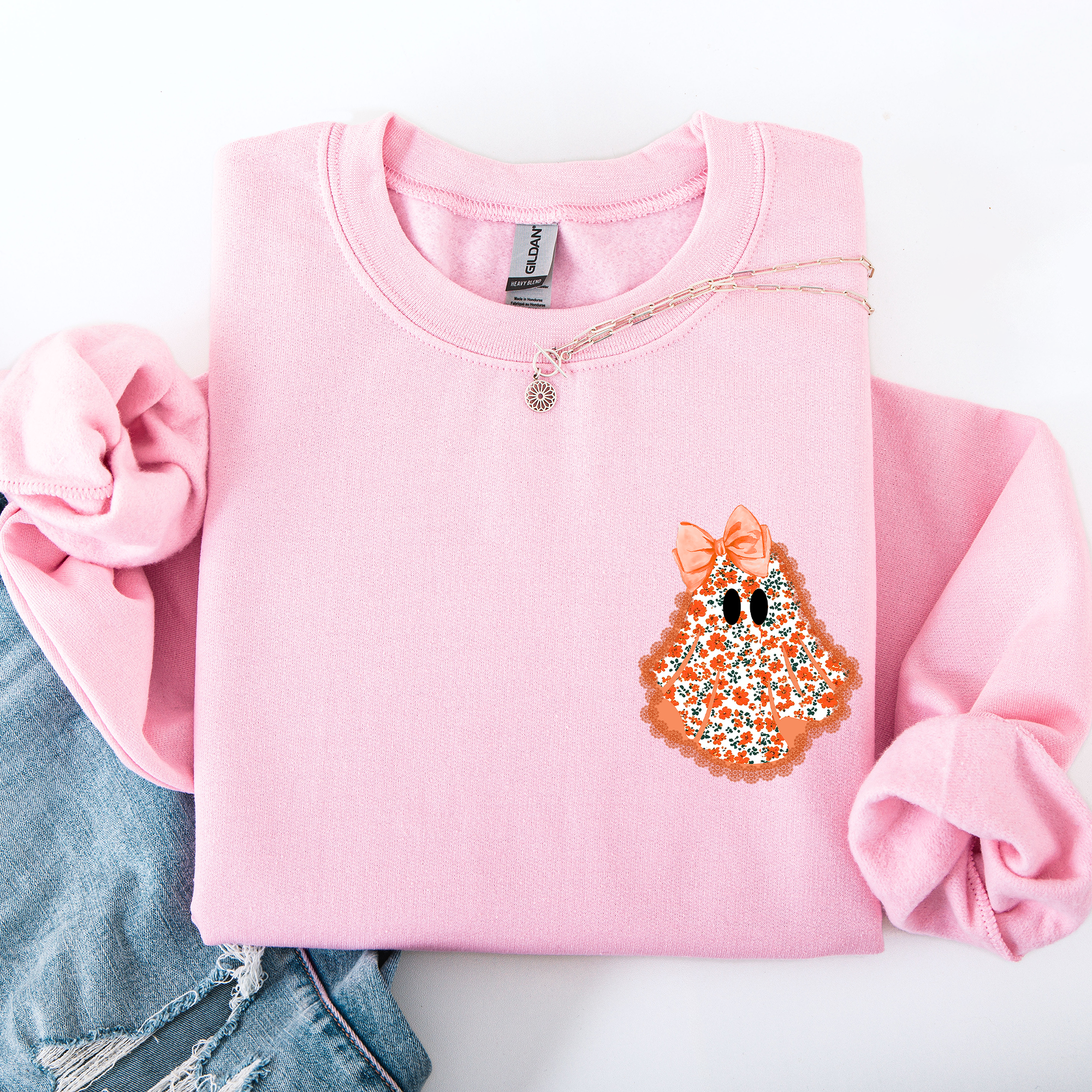 Cute Coquette Faux Lace Ghost Halloween Inspired Vintage Charm Graphic Boho Cozy Pocket Sweatshirt