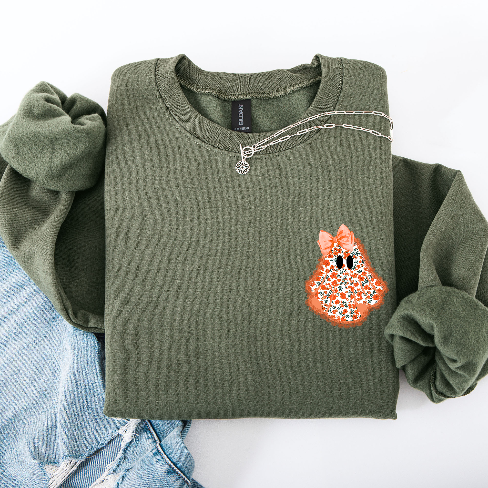 Cute Coquette Faux Lace Ghost Halloween Inspired Vintage Charm Graphic Boho Cozy Pocket Sweatshirt