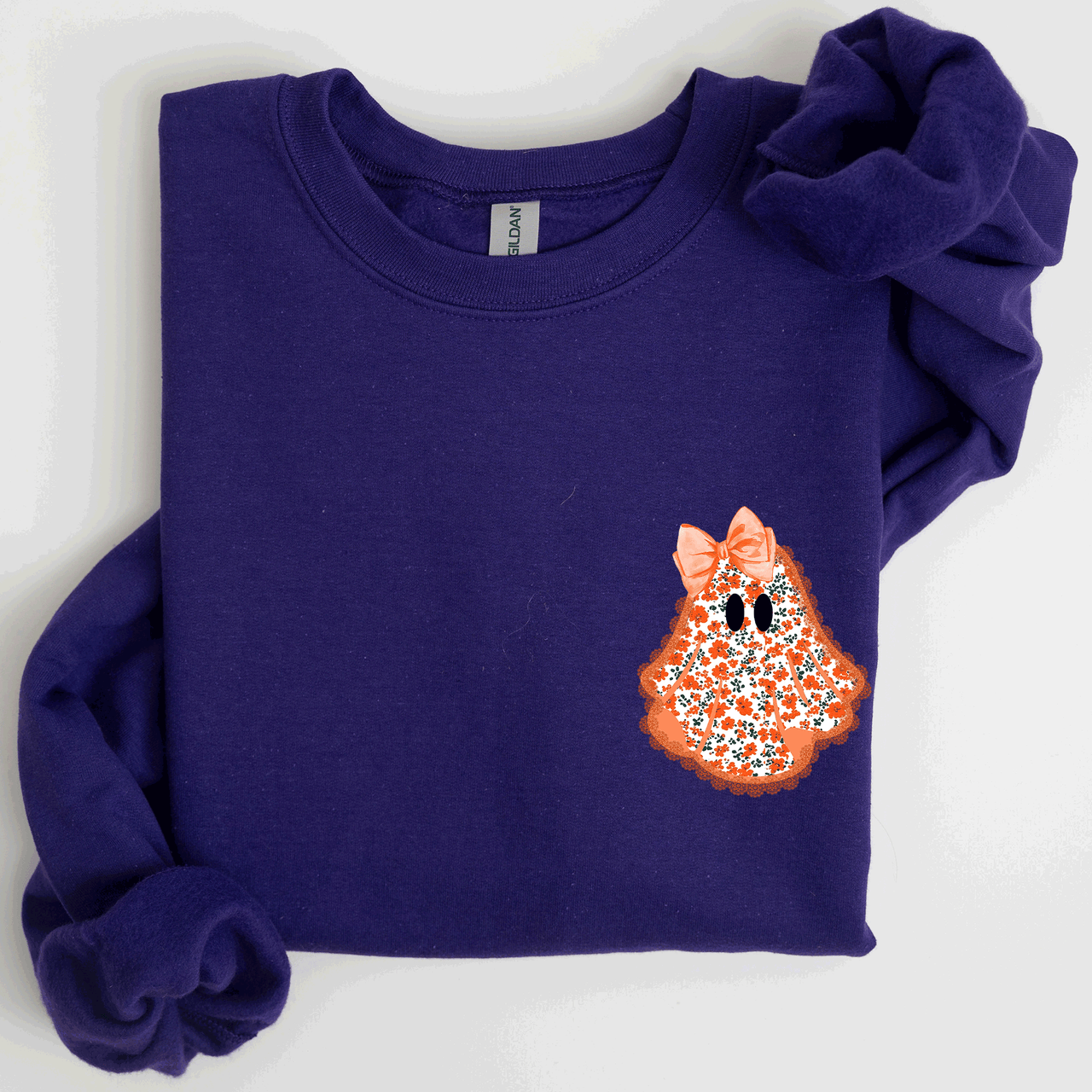 Cute Coquette Faux Lace Ghost Halloween Inspired Vintage Charm Graphic Boho Cozy Pocket Sweatshirt