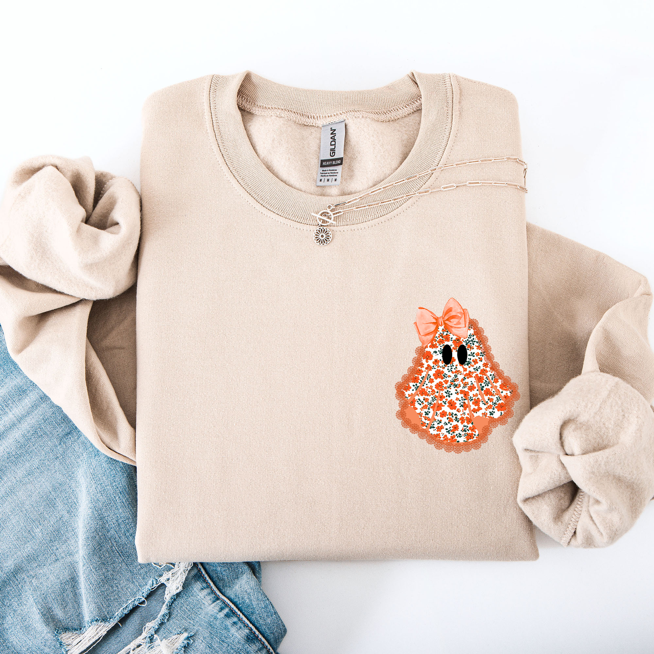 Cute Coquette Faux Lace Ghost Halloween Inspired Vintage Charm Graphic Boho Cozy Pocket Sweatshirt
