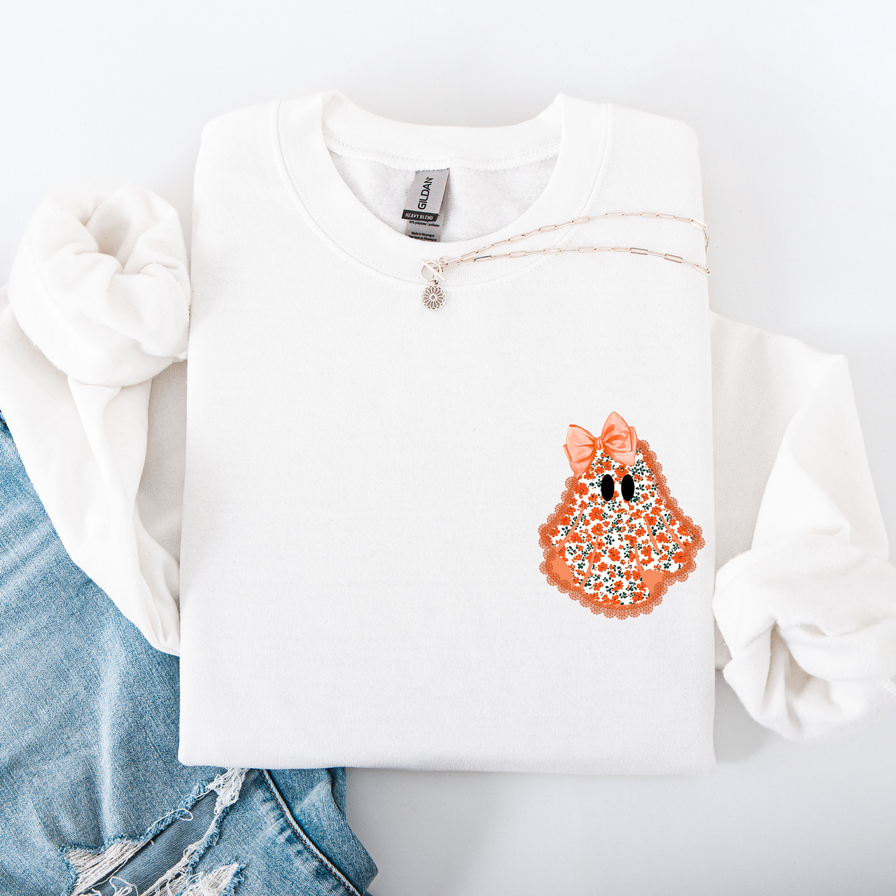 Cute Coquette Faux Lace Ghost Halloween Inspired Vintage Charm Graphic Boho Cozy Pocket Sweatshirt