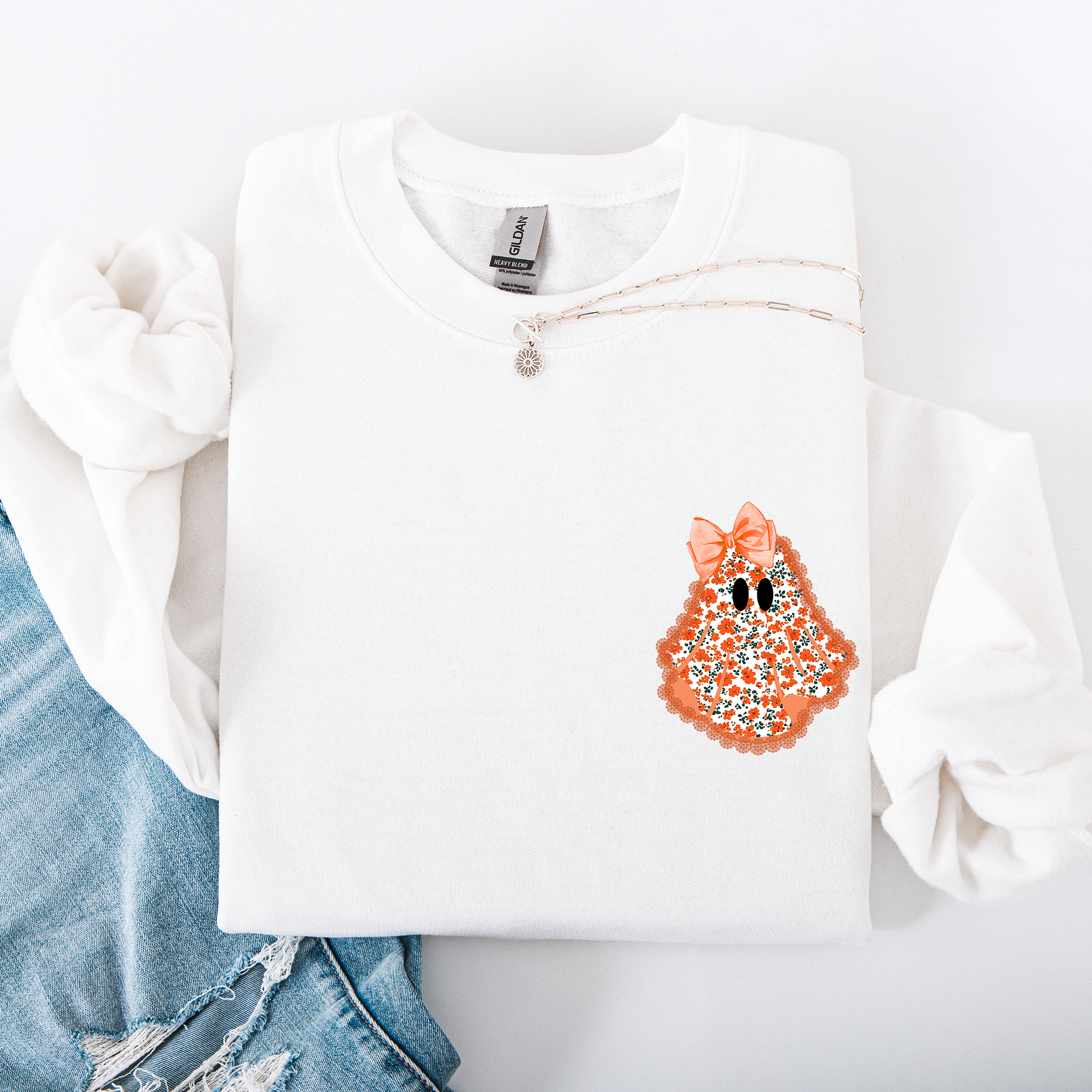 Cute Coquette Faux Lace Ghost Halloween Inspired Vintage Charm Graphic Boho Cozy Pocket Sweatshirt