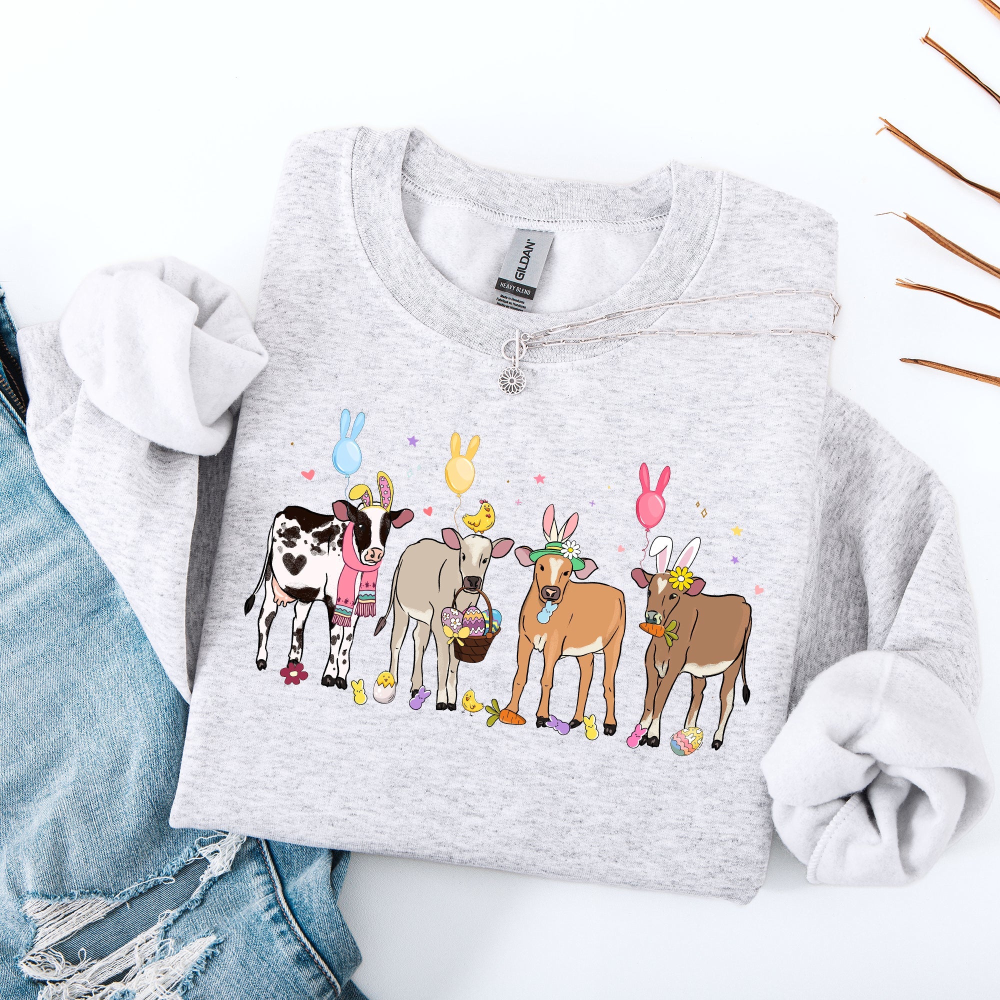 Cute Cows Easter Bunny Jesus Rabbit Holiday Seasonal Festive Family Celebration Sweatshirt