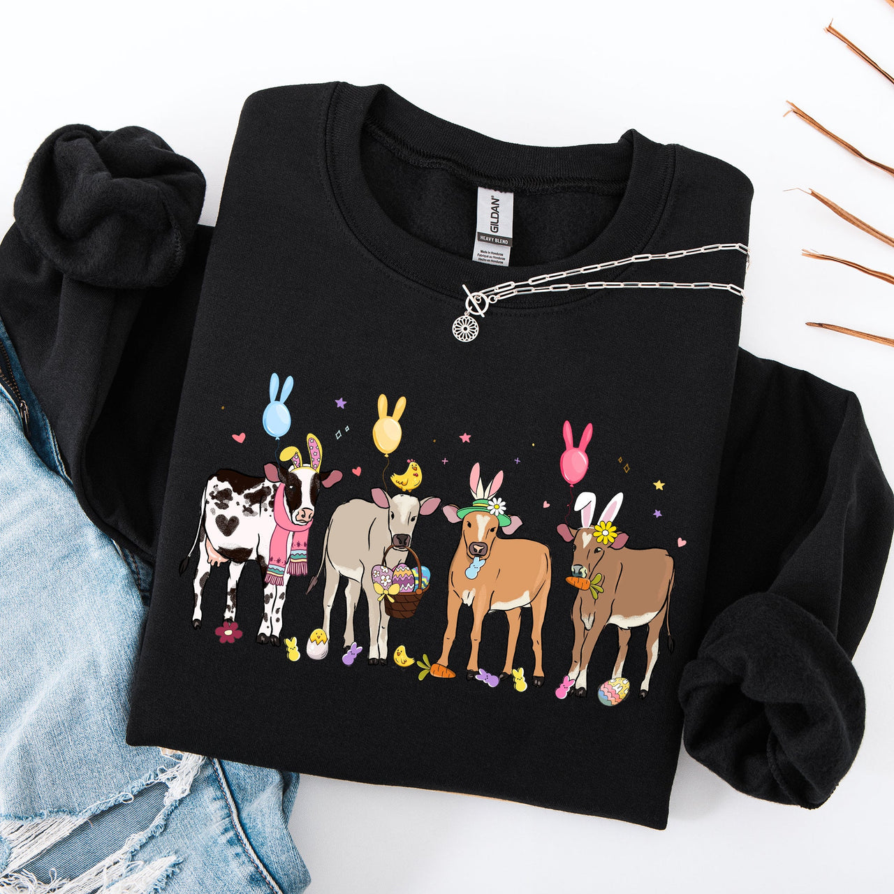 Cute Cows Easter Bunny Jesus Rabbit Holiday Seasonal Festive Family Celebration Sweatshirt