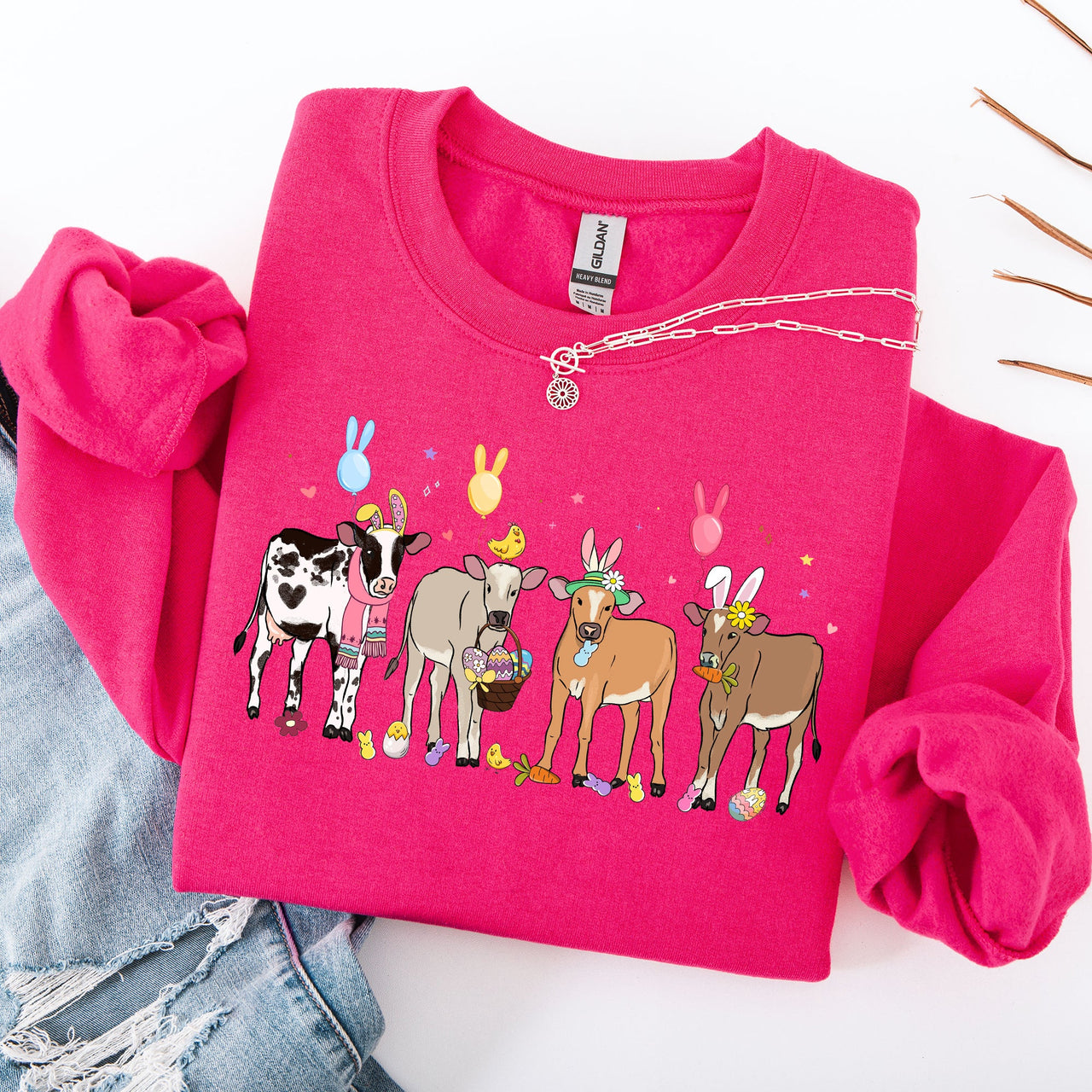 Cute Cows Easter Bunny Jesus Rabbit Holiday Seasonal Festive Family Celebration Sweatshirt