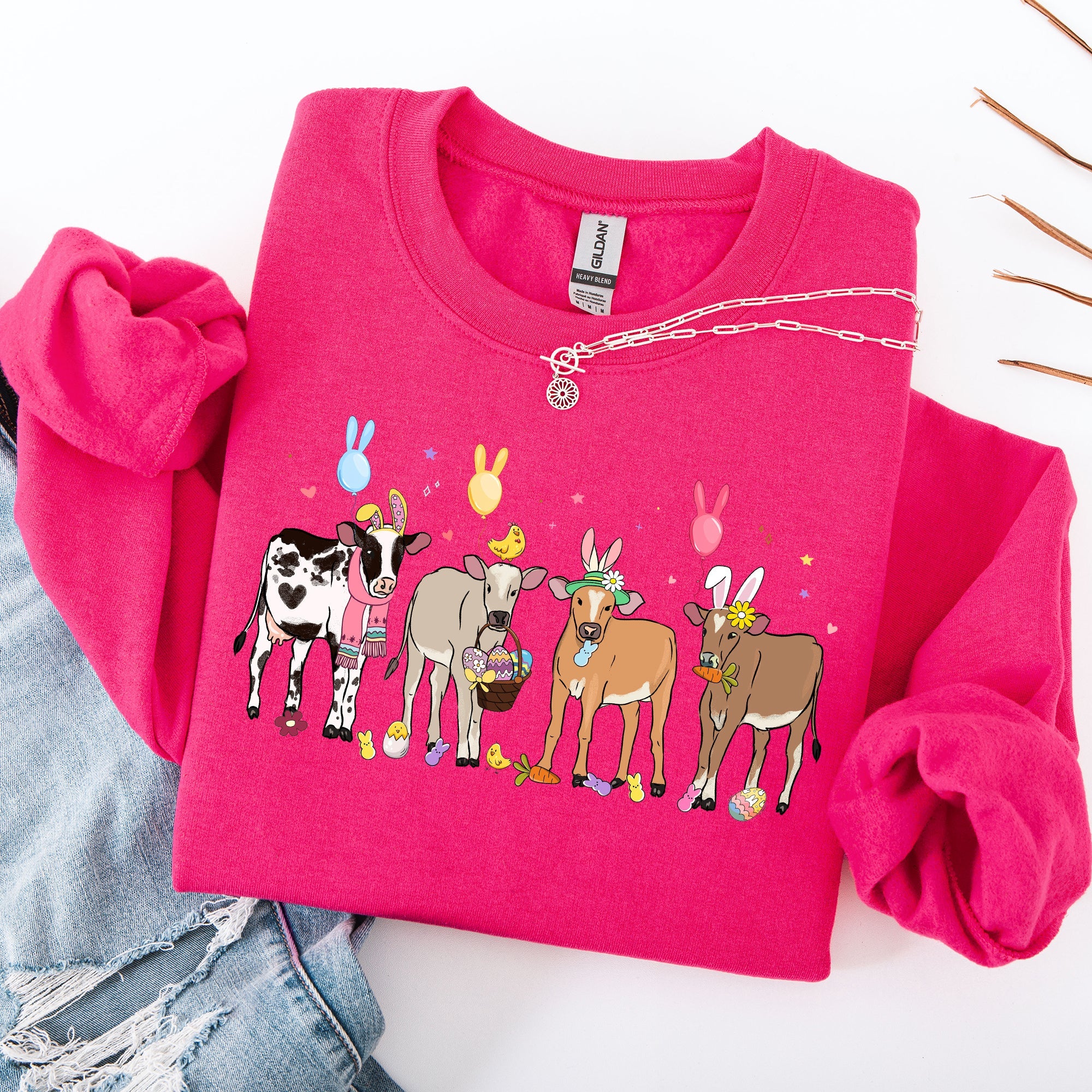 Cute Cows Easter Bunny Jesus Rabbit Holiday Seasonal Festive Family Celebration Sweatshirt