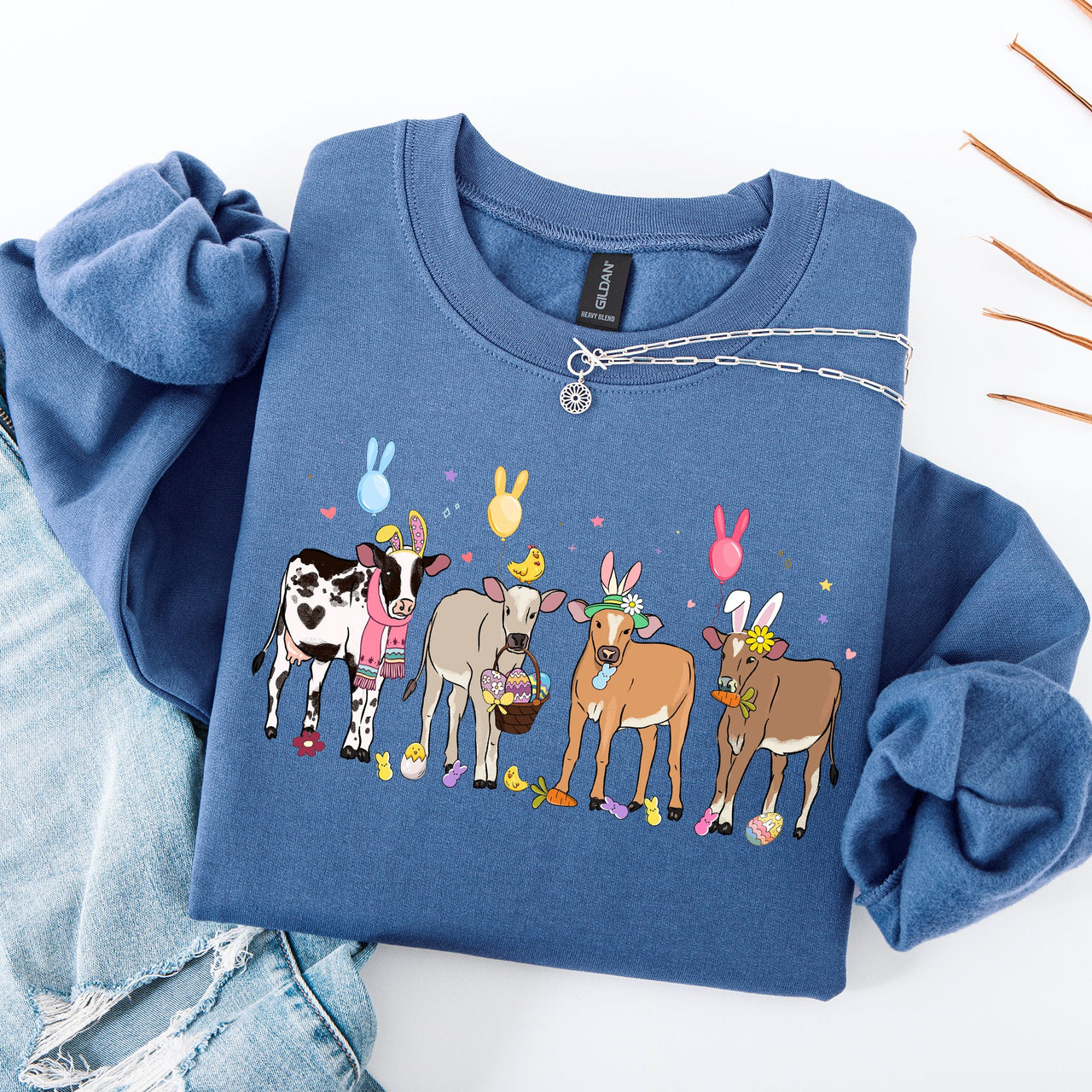 Cute Cows Easter Bunny Jesus Rabbit Holiday Seasonal Festive Family Celebration Sweatshirt