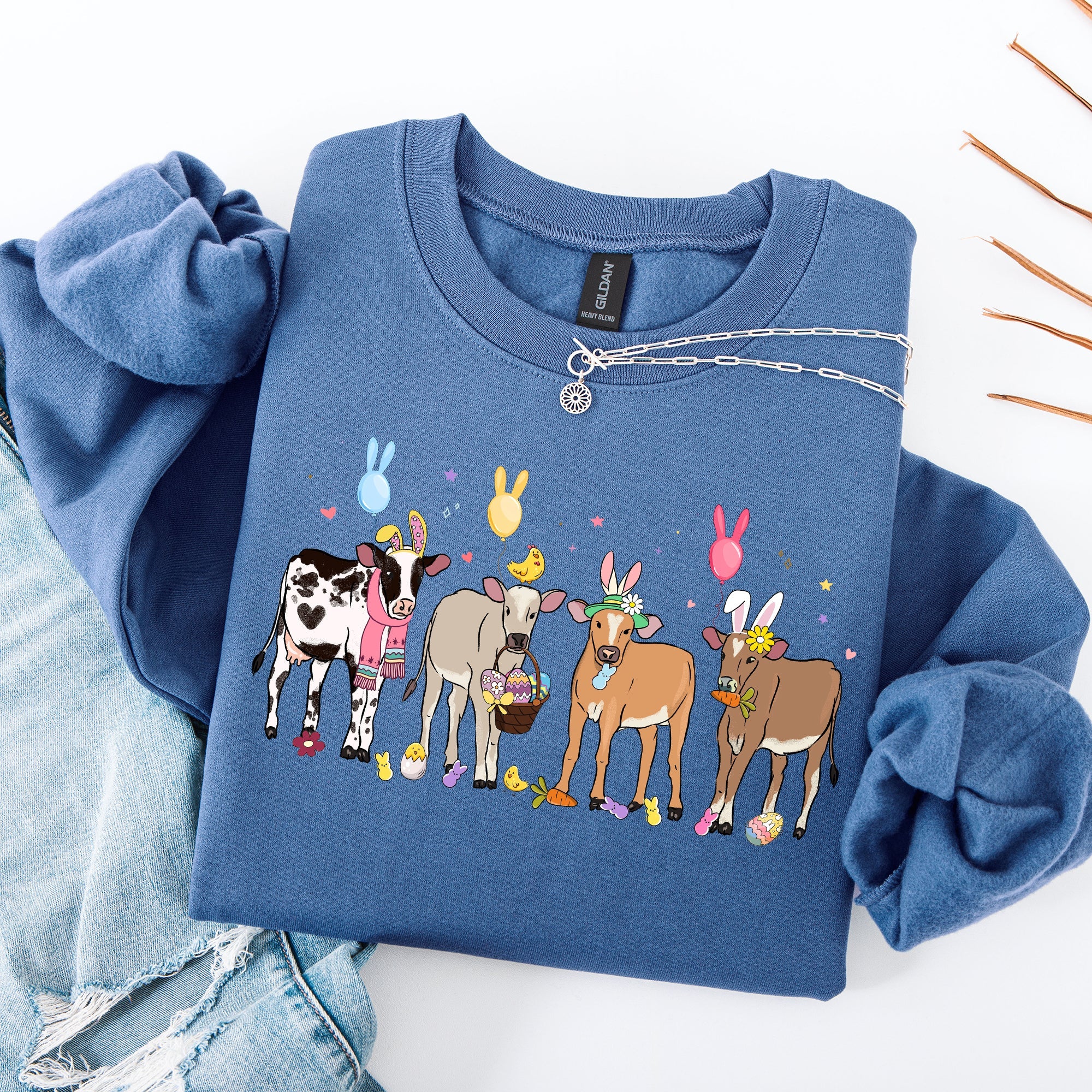 Cute Cows Easter Bunny Jesus Rabbit Holiday Seasonal Festive Family Celebration Sweatshirt