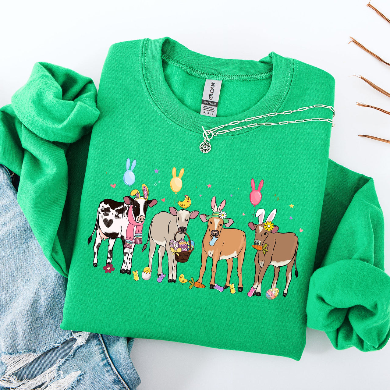 Cute Cows Easter Bunny Jesus Rabbit Holiday Seasonal Festive Family Celebration Sweatshirt