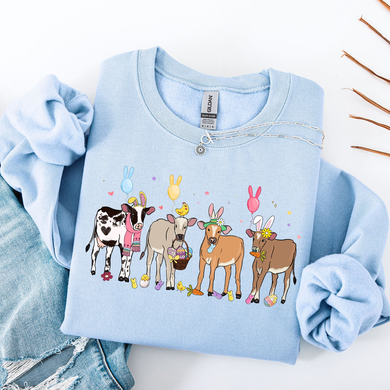 Cute Cows Easter Bunny Jesus Rabbit Holiday Seasonal Festive Family Celebration Sweatshirt