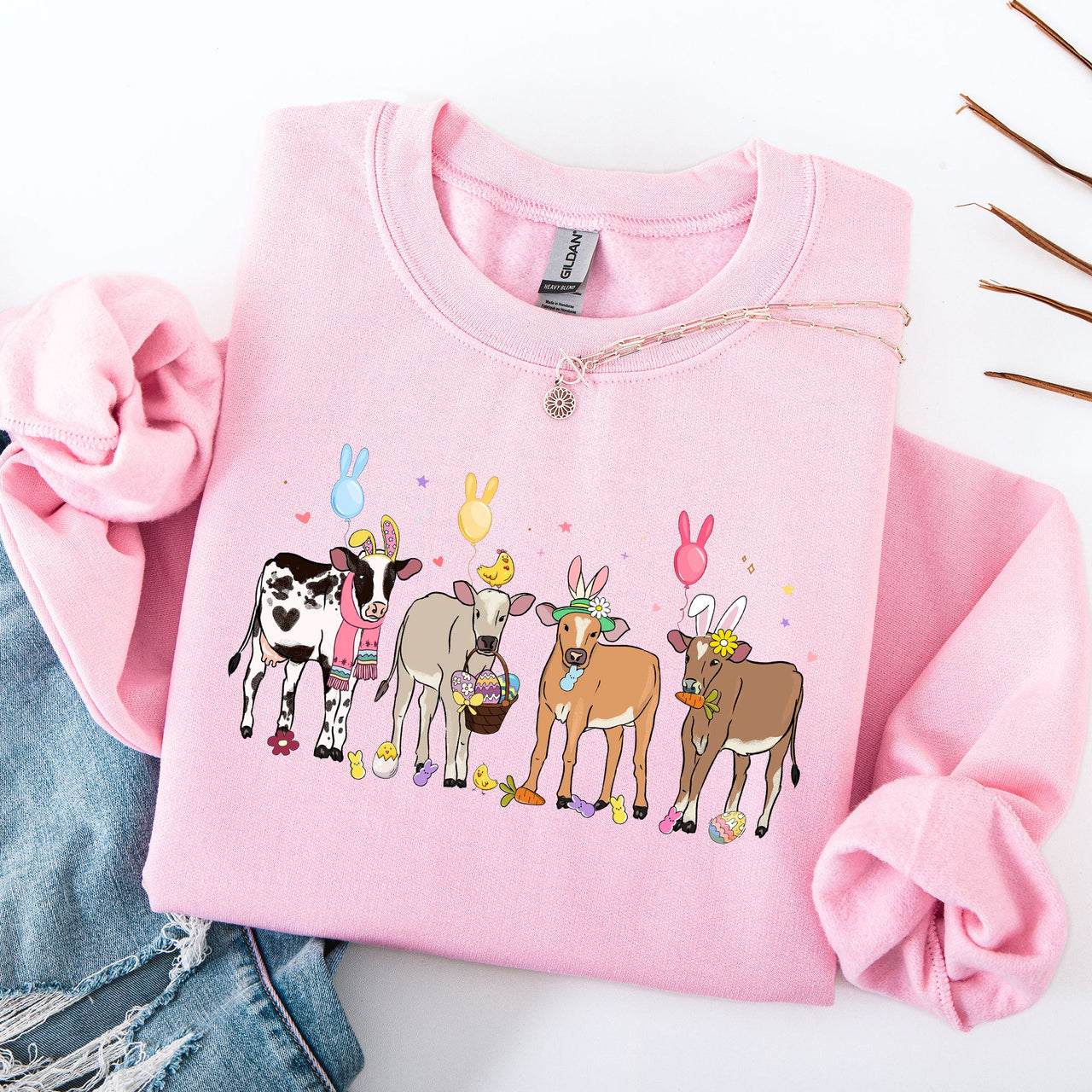 Cute Cows Easter Bunny Jesus Rabbit Holiday Seasonal Festive Family Celebration Sweatshirt