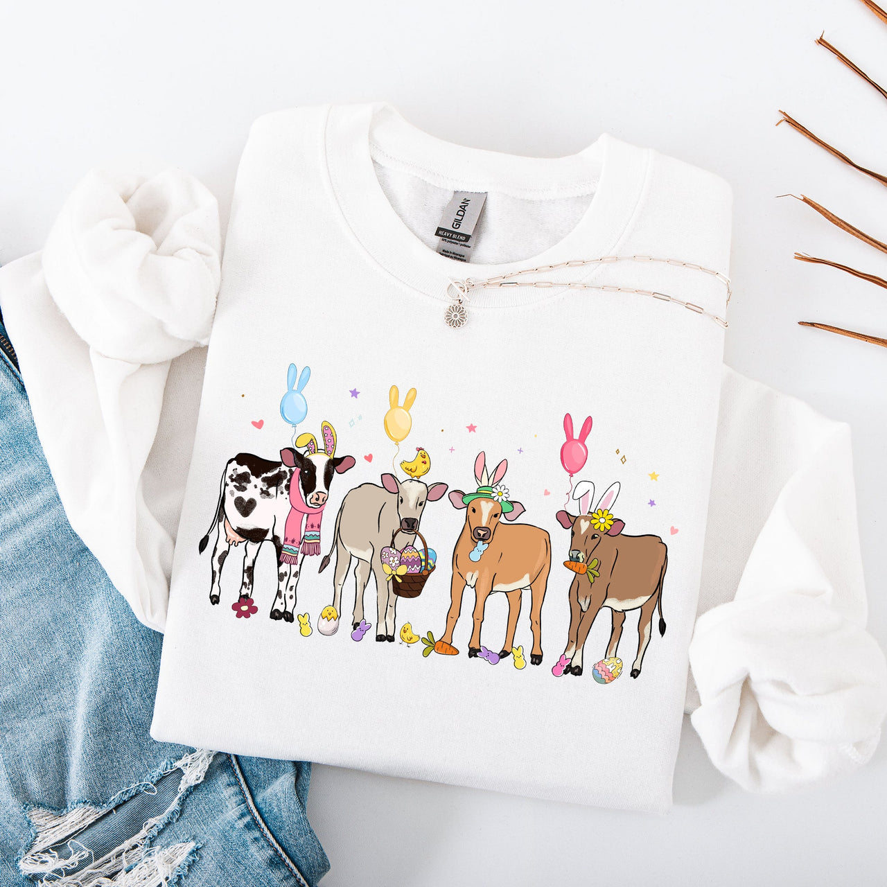 Cute Cows Easter Bunny Jesus Rabbit Holiday Seasonal Festive Family Celebration Sweatshirt
