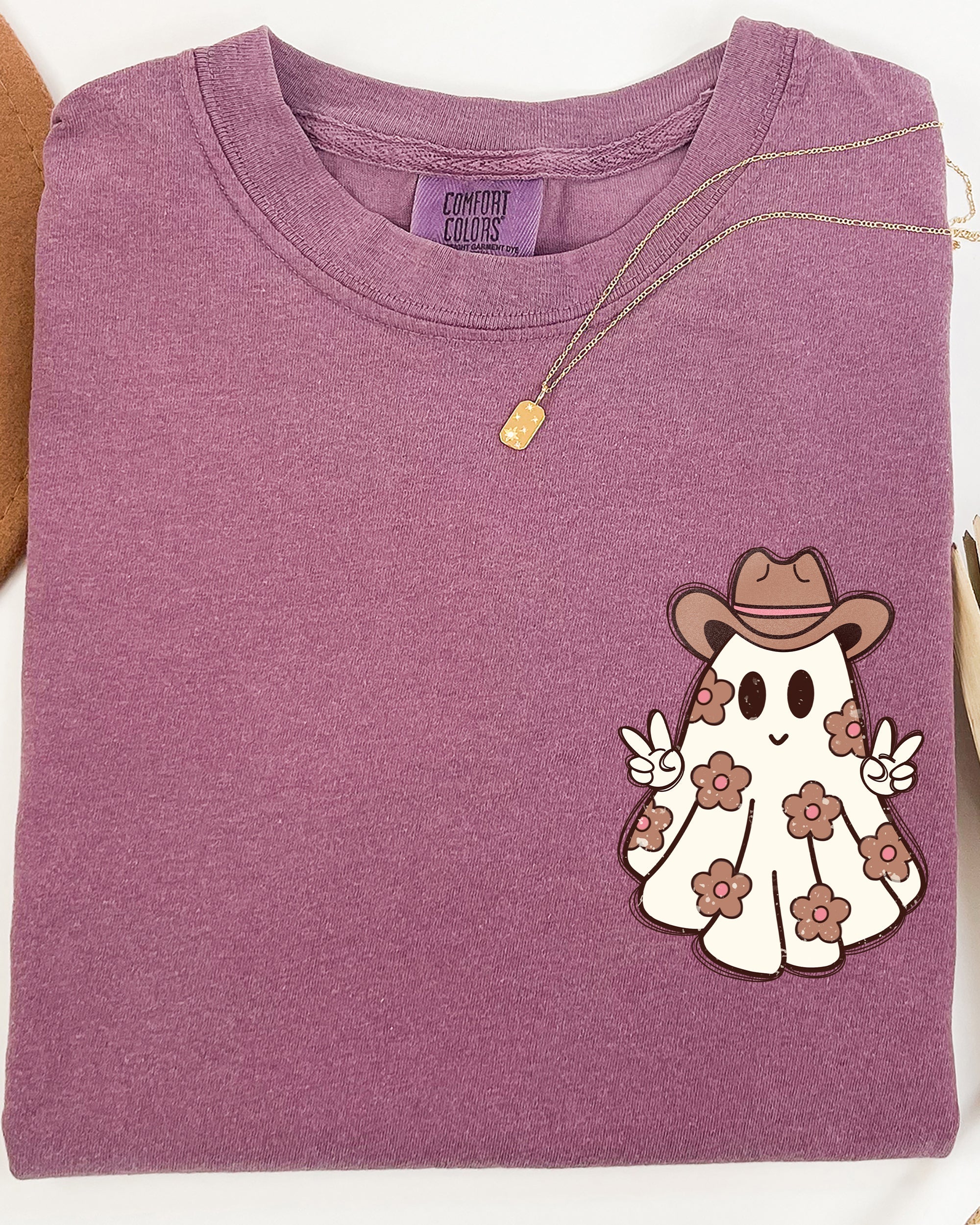 Cute Flower Ghost Cowboy Cowgirl Pocket Print Halloween Peace Comfort Colors Tee