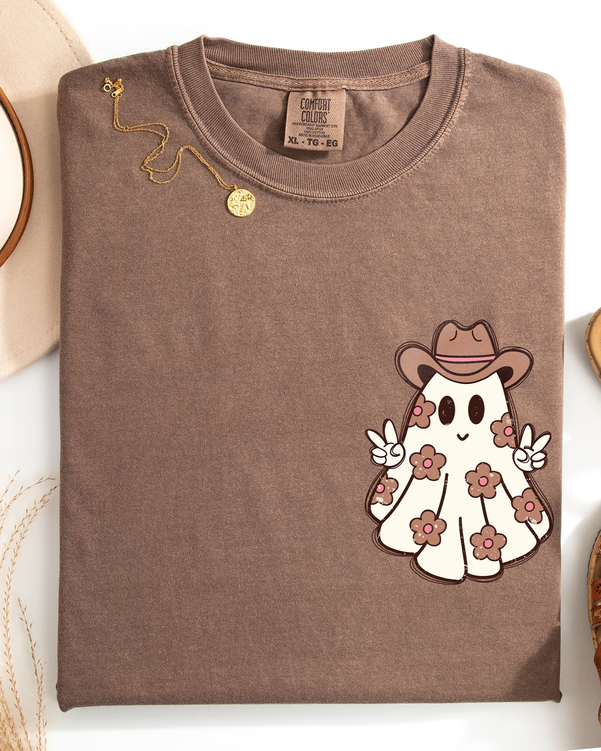 Cute Flower Ghost Cowboy Cowgirl Pocket Print Halloween Peace Comfort Colors Tee