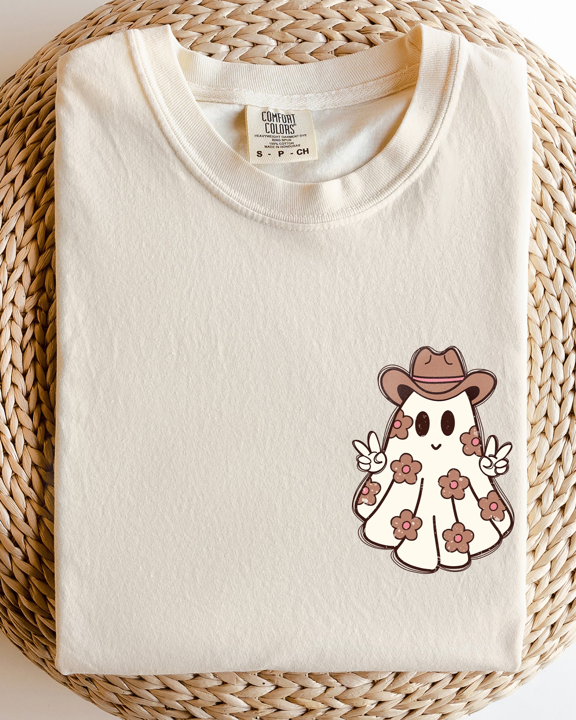 Cute Flower Ghost Cowboy Cowgirl Pocket Print Halloween Peace Comfort Colors Tee