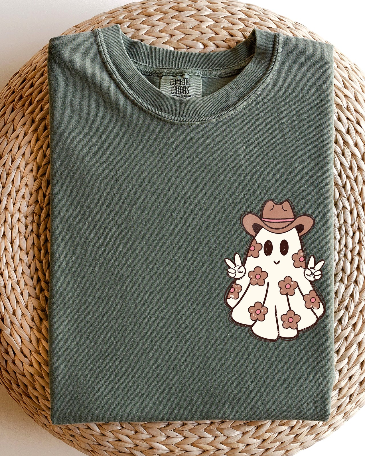 Cute Flower Ghost Cowboy Cowgirl Pocket Print Halloween Peace Comfort Colors Tee