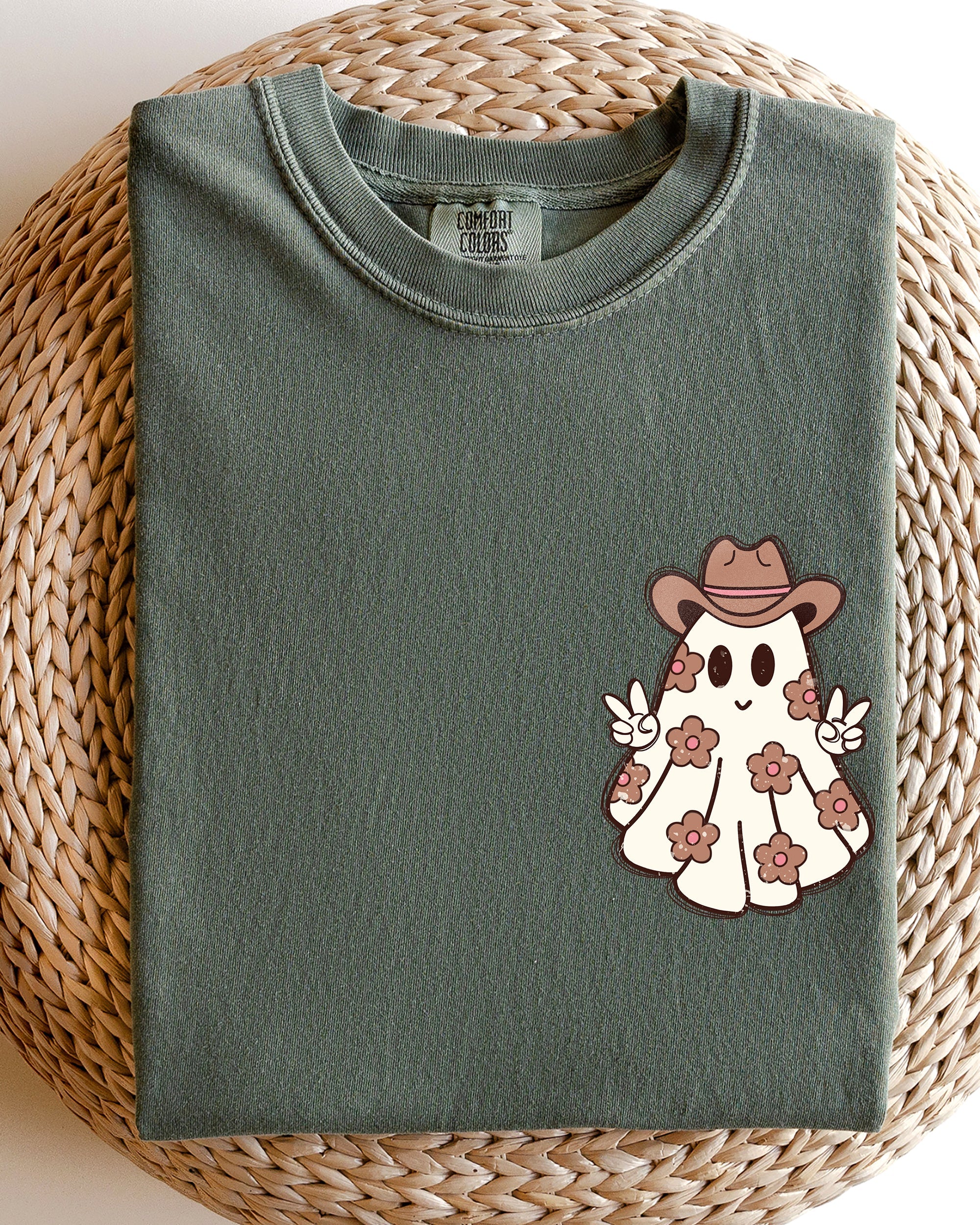 Cute Flower Ghost Cowboy Cowgirl Pocket Print Halloween Peace Comfort Colors Tee