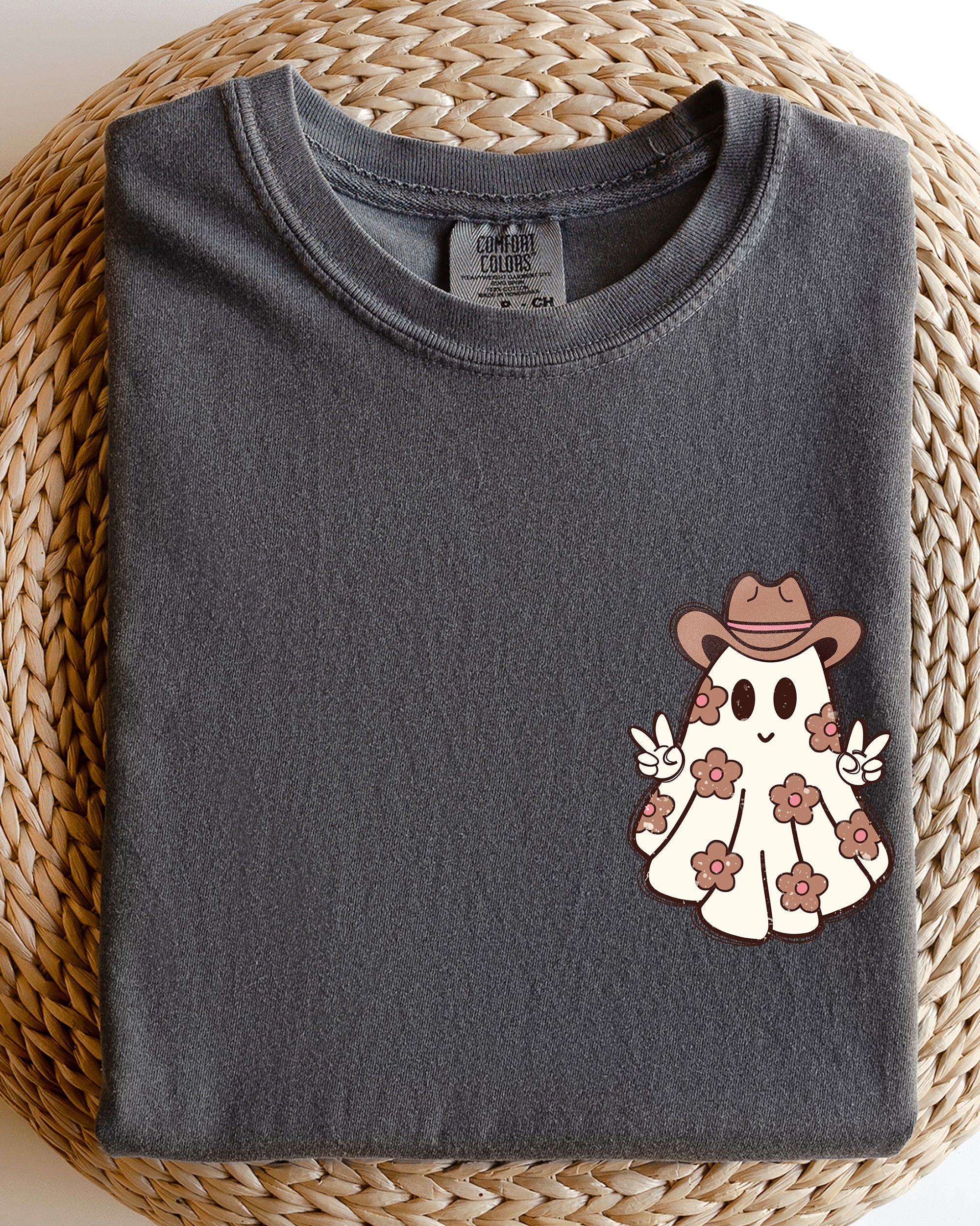 Cute Flower Ghost Cowboy Cowgirl Pocket Print Halloween Peace Comfort Colors Tee