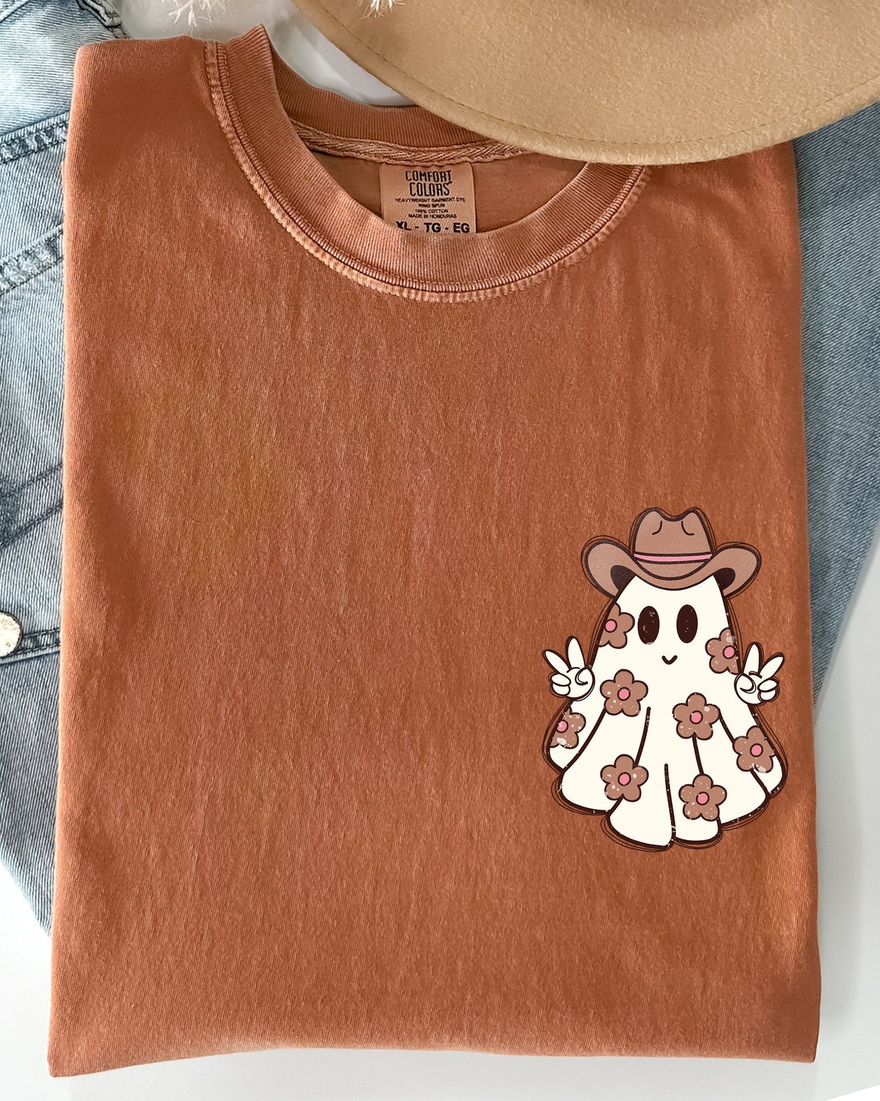 Cute Flower Ghost Cowboy Cowgirl Pocket Print Halloween Peace Comfort Colors Tee