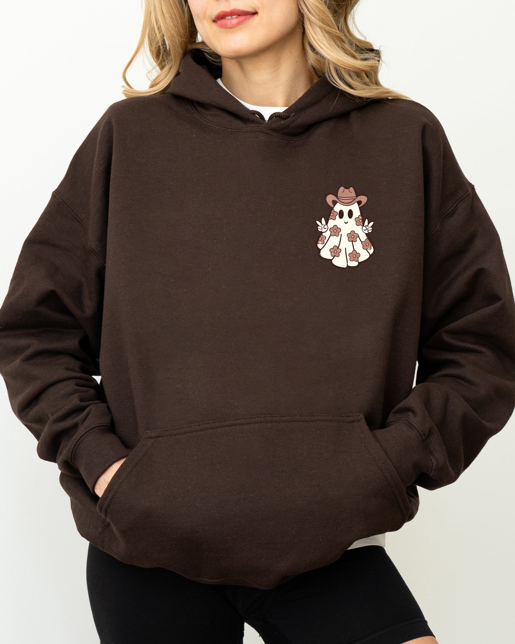 Cute Flower Ghost Cowboy Cowgirl Pocket Print Halloween Peace Cozy Hooded Sweatshirt