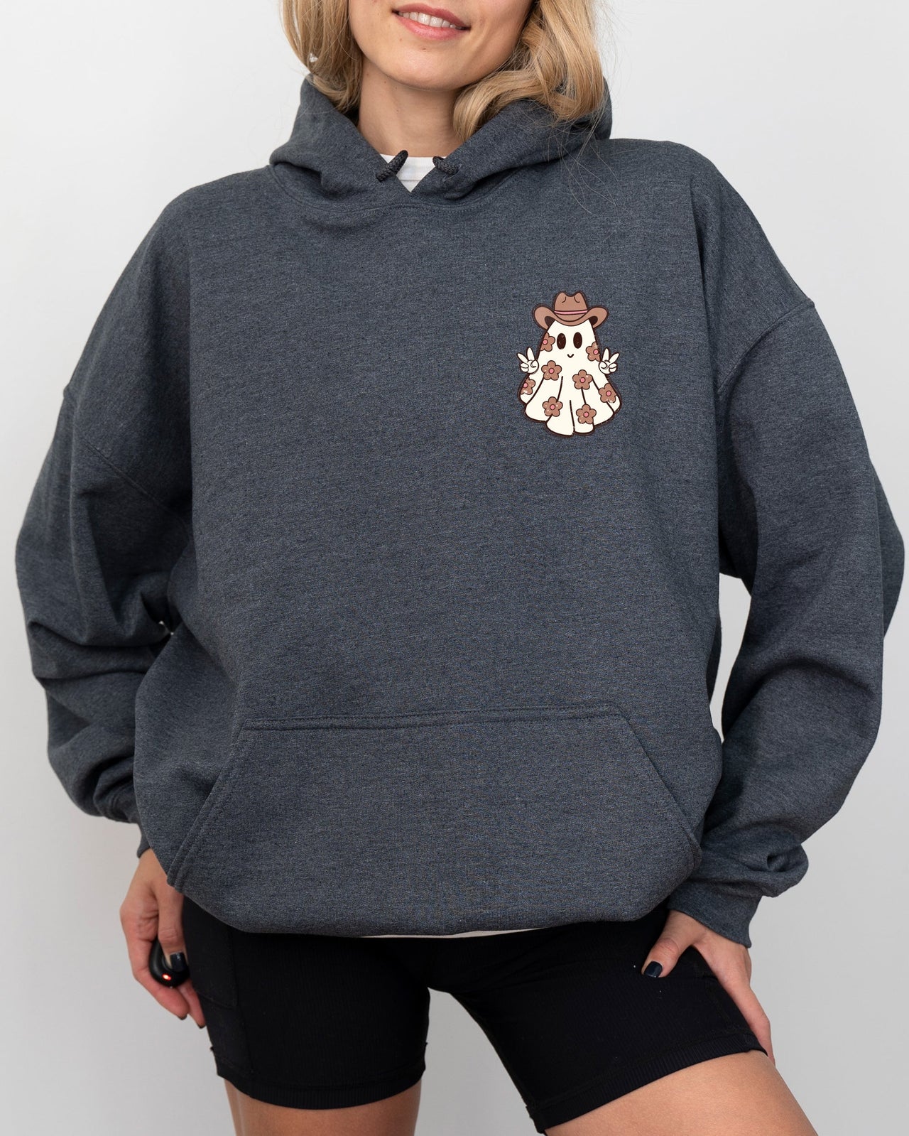 Cute Flower Ghost Cowboy Cowgirl Pocket Print Halloween Peace Cozy Hooded Sweatshirt