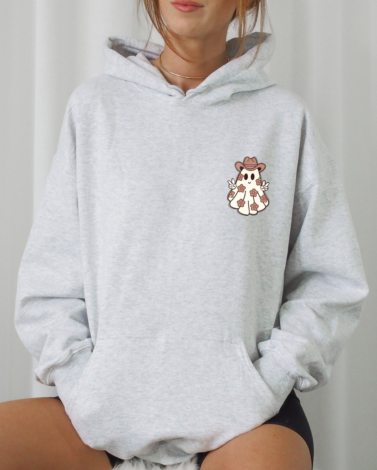 Cute Flower Ghost Cowboy Cowgirl Pocket Print Halloween Peace Cozy Hooded Sweatshirt