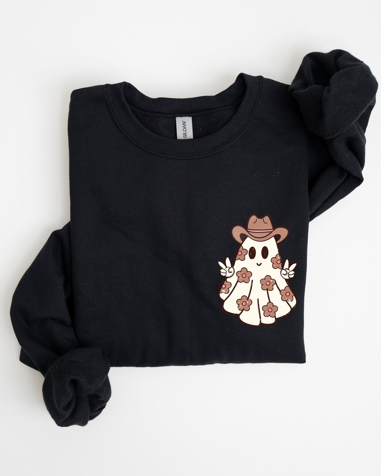 Cute Flower Ghost Cowboy Cowgirl Pocket Print Halloween Peace Western Style Sweatshirt