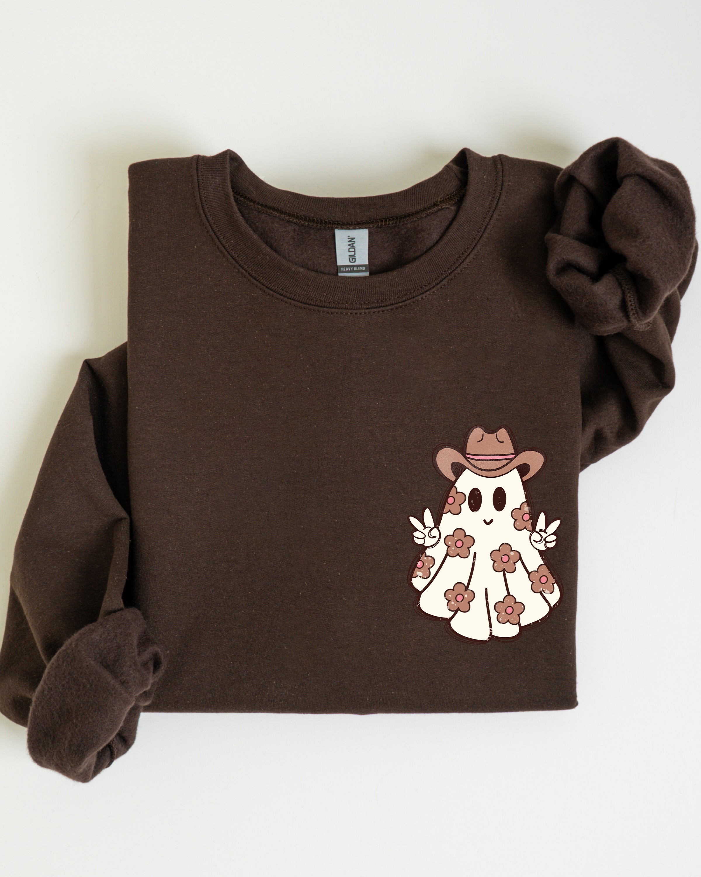 Cute Flower Ghost Cowboy Cowgirl Pocket Print Halloween Peace Western Style Sweatshirt
