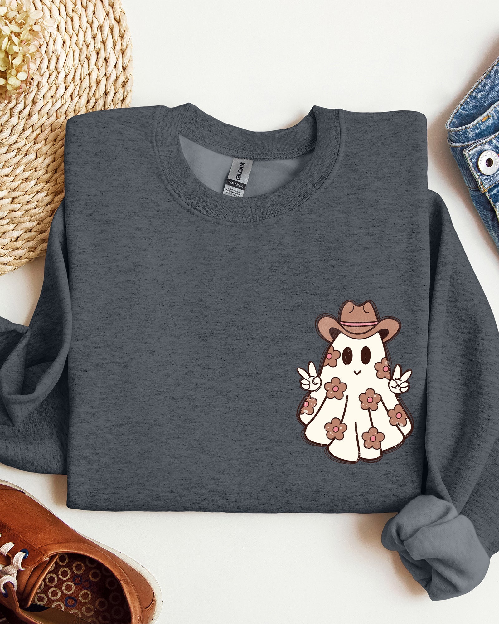 Cute Flower Ghost Cowboy Cowgirl Pocket Print Halloween Peace Western Style Sweatshirt