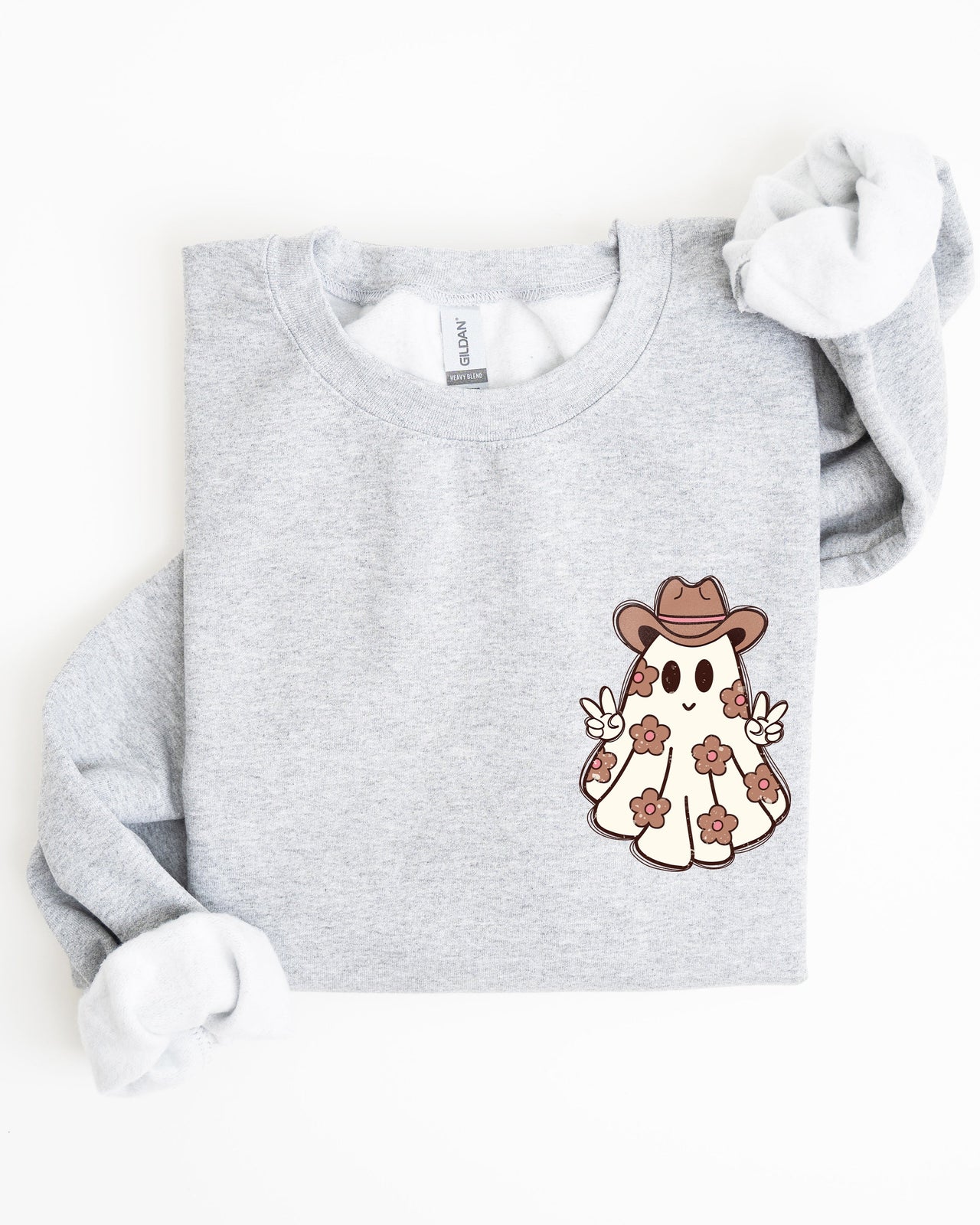 Cute Flower Ghost Cowboy Cowgirl Pocket Print Halloween Peace Western Style Sweatshirt