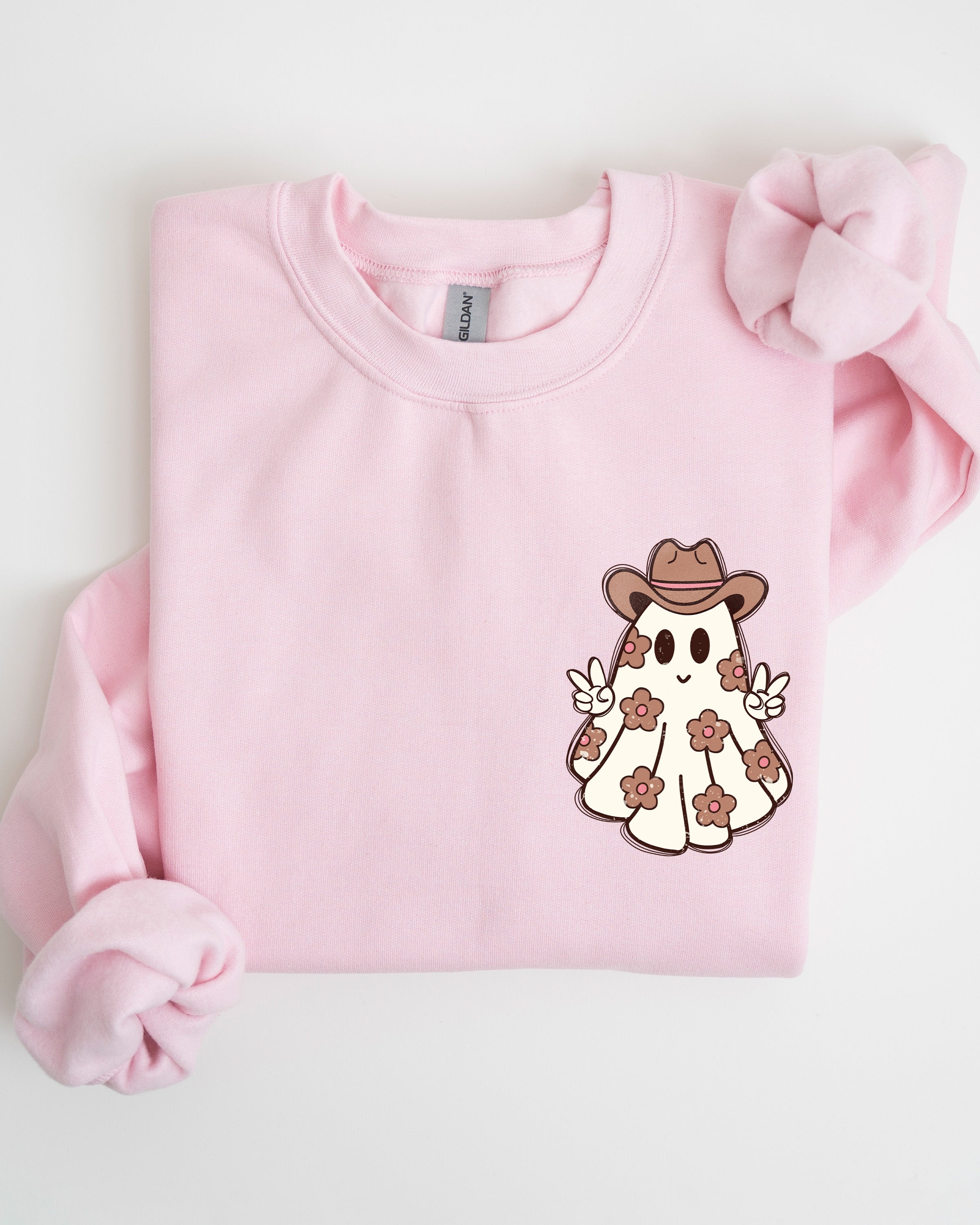 Cute Flower Ghost Cowboy Cowgirl Pocket Print Halloween Peace Western Style Sweatshirt