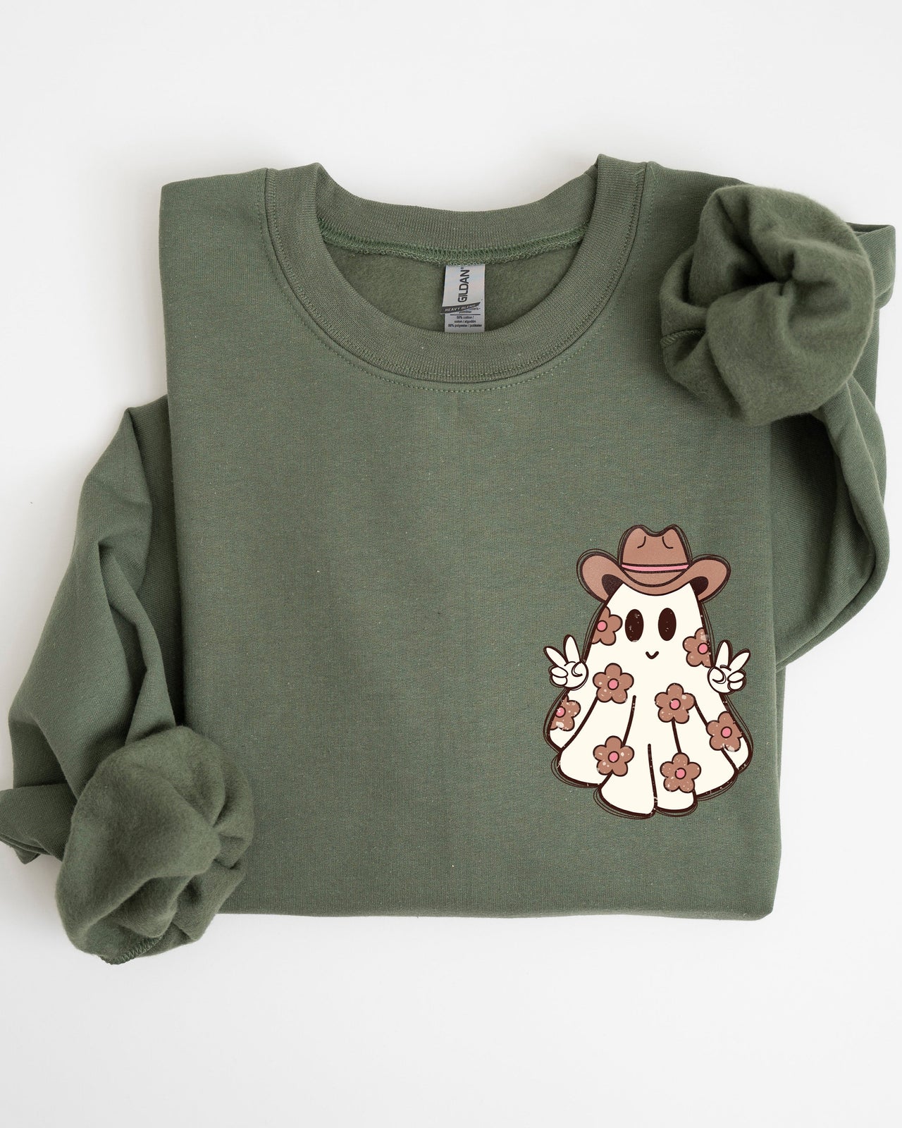 Cute Flower Ghost Cowboy Cowgirl Pocket Print Halloween Peace Western Style Sweatshirt