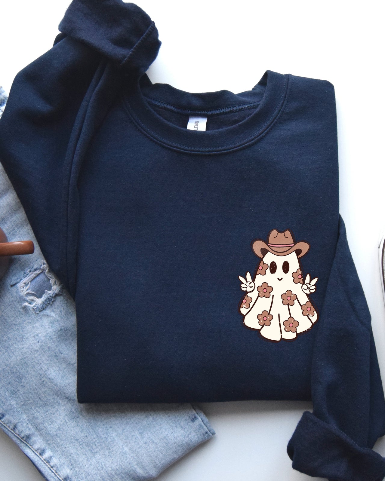 Cute Flower Ghost Cowboy Cowgirl Pocket Print Halloween Peace Western Style Sweatshirt