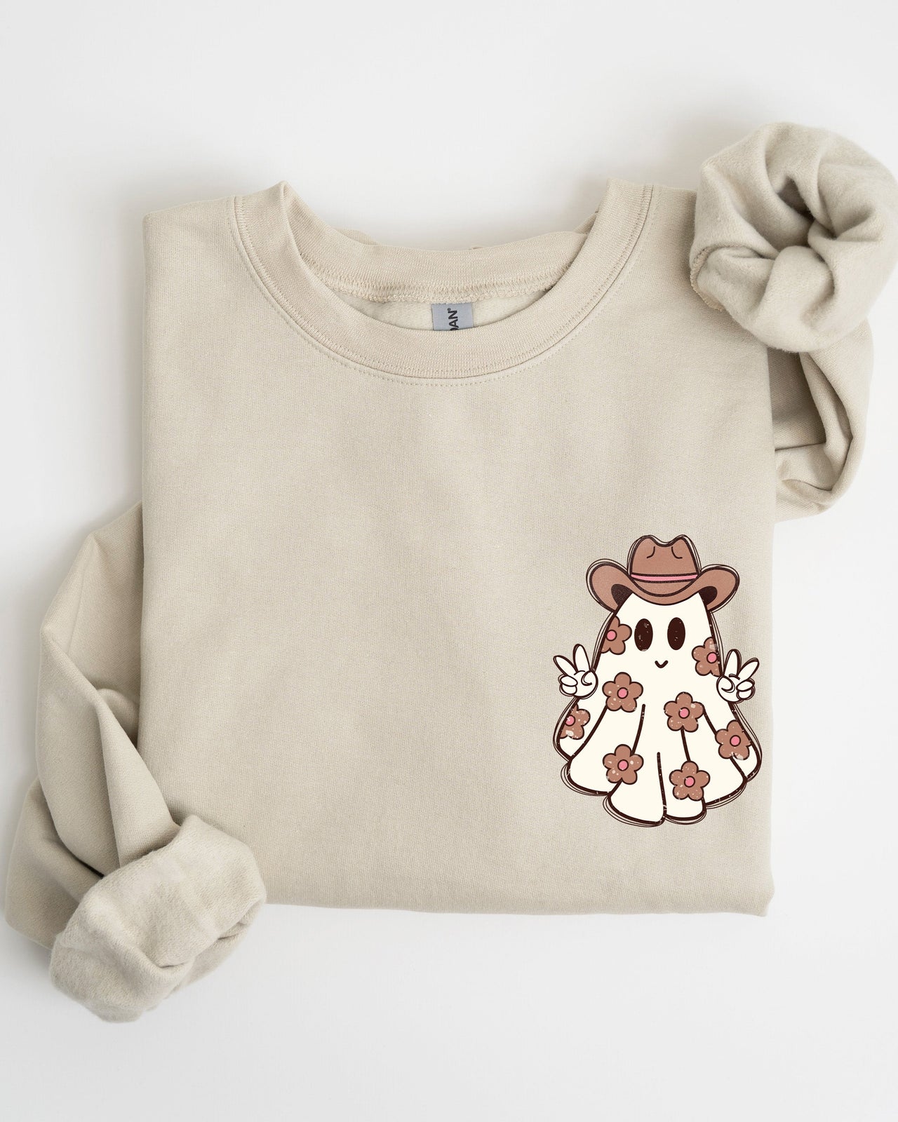 Cute Flower Ghost Cowboy Cowgirl Pocket Print Halloween Peace Western Style Sweatshirt