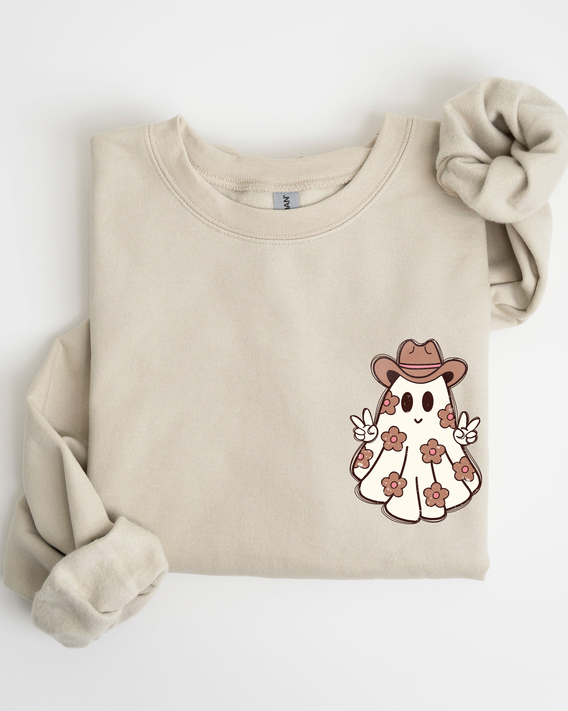 Cute Flower Ghost Cowboy Cowgirl Pocket Print Halloween Peace Western Style Sweatshirt