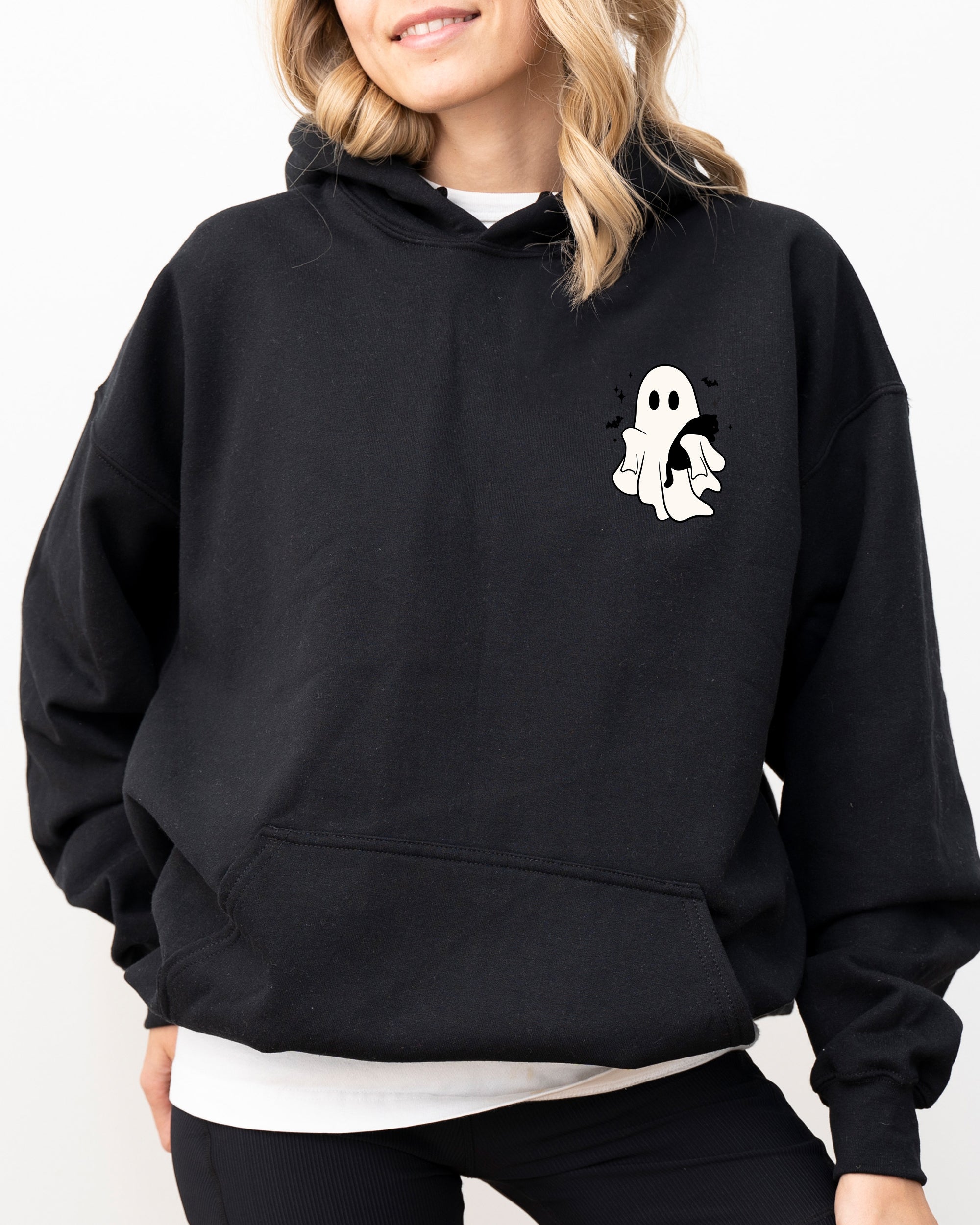 Cute Ghost With Cat Pocket Print Halloween Black Cat Witch Spooky Hooded Sweatshirt