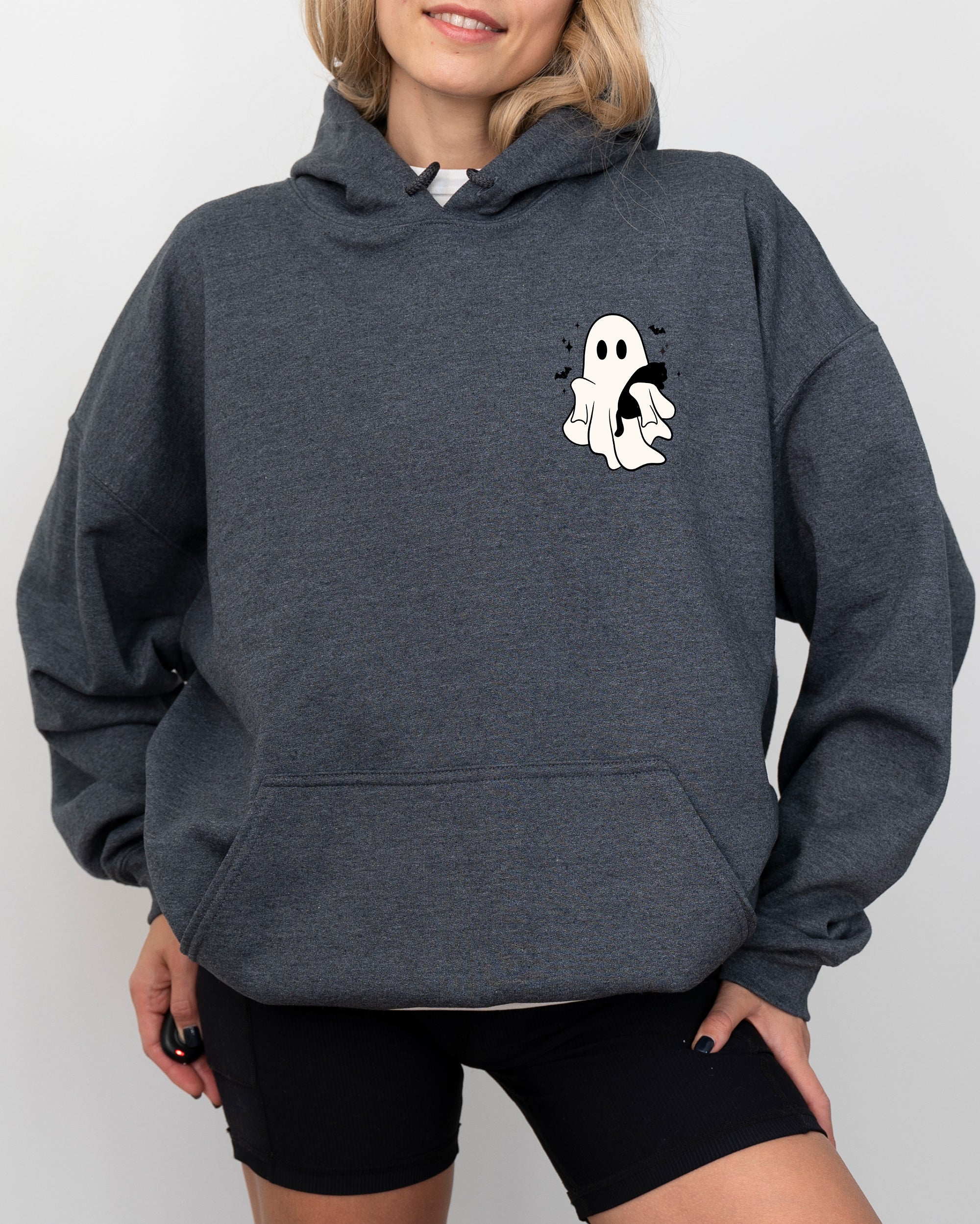 Cute Ghost With Cat Pocket Print Halloween Black Cat Witch Spooky Hooded Sweatshirt