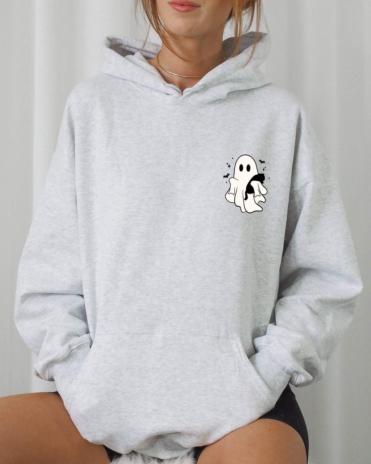Cute Ghost With Cat Pocket Print Halloween Black Cat Witch Spooky Hooded Sweatshirt