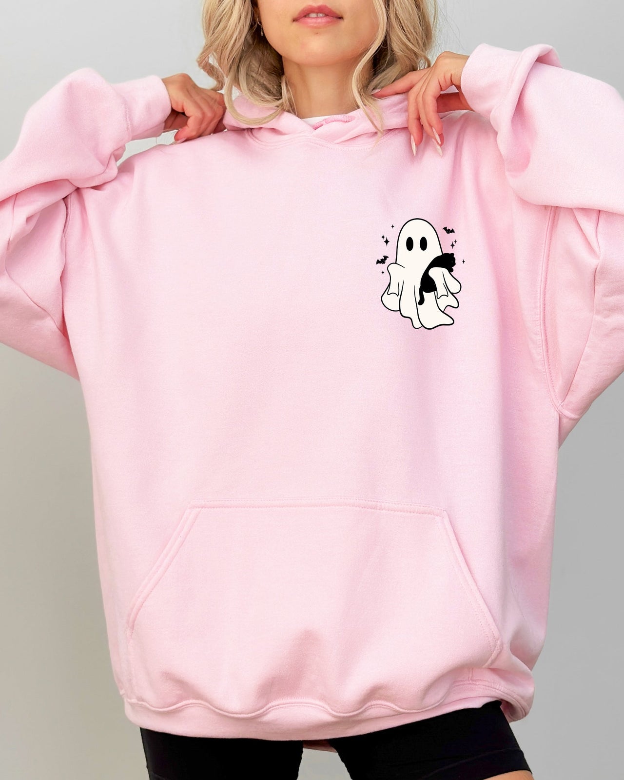 Cute Ghost With Cat Pocket Print Halloween Black Cat Witch Spooky Hooded Sweatshirt
